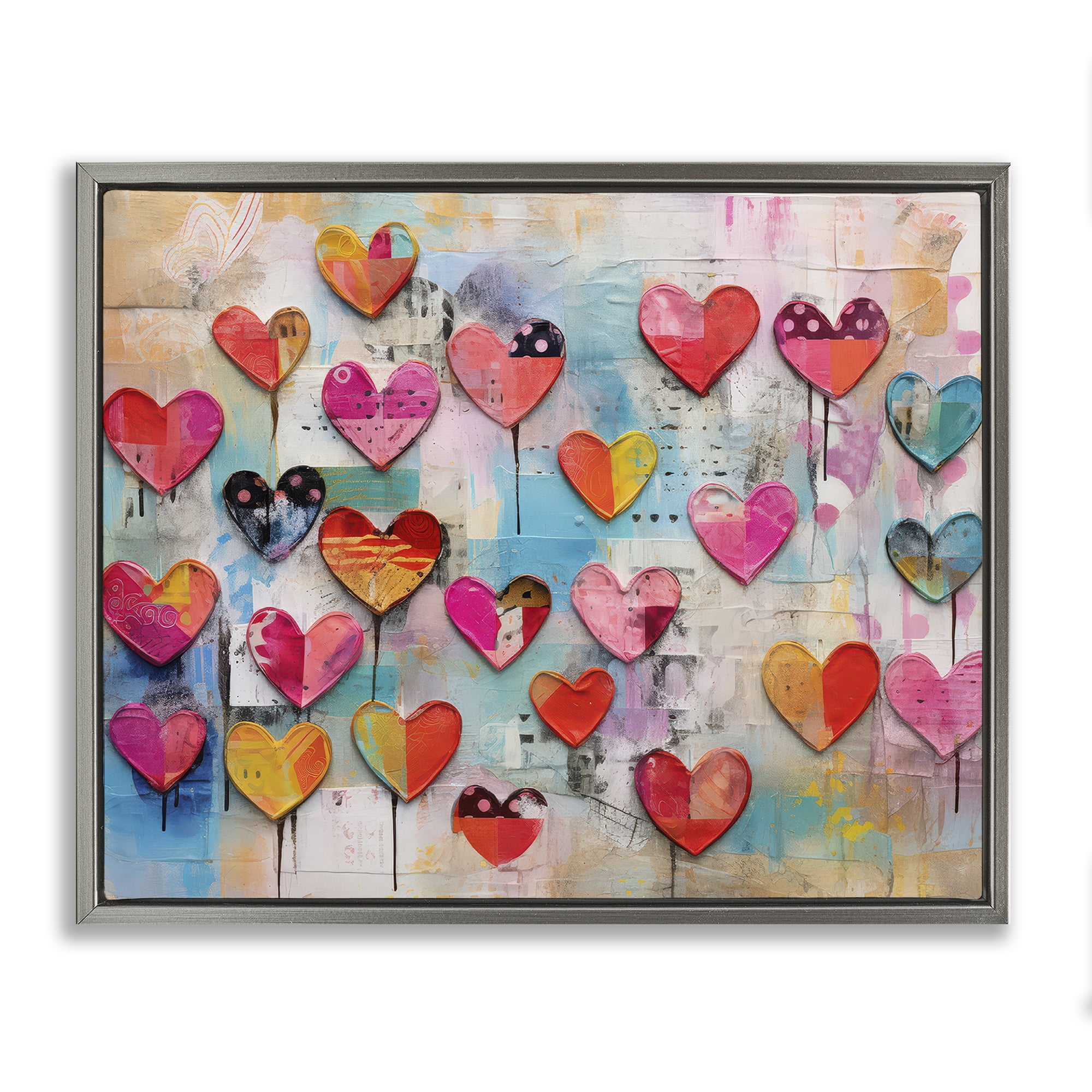 Stupell Industries Playful Urban Hearts Pattern Abstract Painting Gray Floater Framed Canvas Art Print Wall Art, 21 x 17