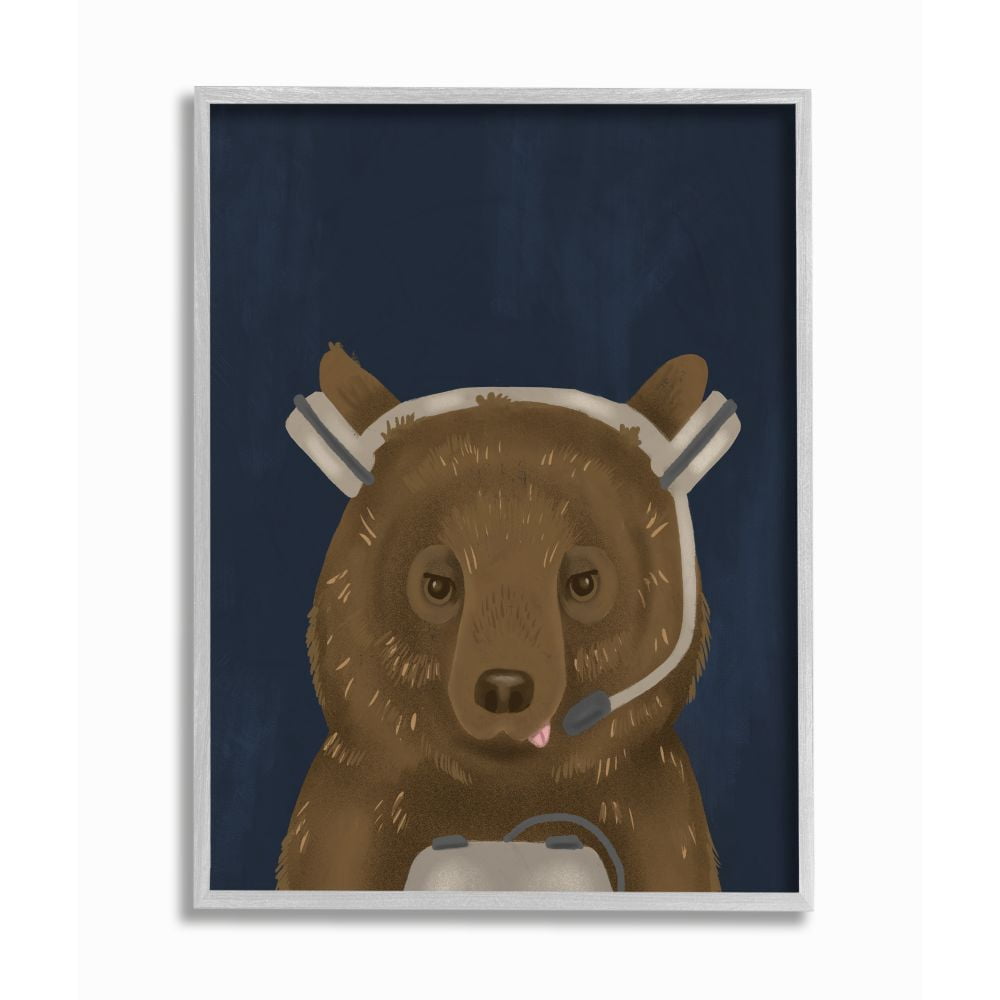 Stupell Industries Playful Video Game Bear Headset Children's Entertainment Framed Wall Art Design by Daphne Polselli, 11" x 14", Gray Framed