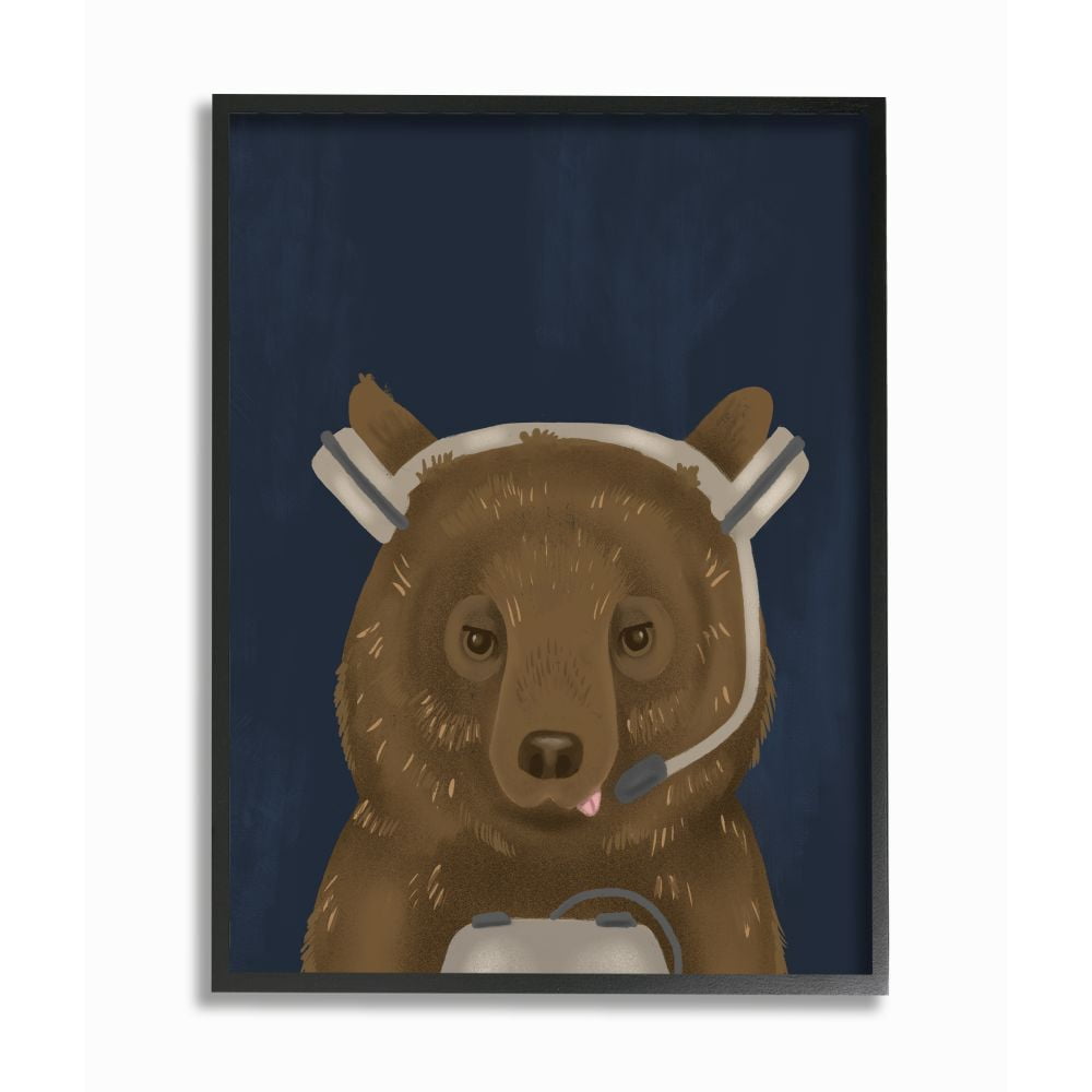 Stupell Industries Playful Video Game Bear Headset Children's Entertainment Framed Wall Art Design by Daphne Polselli, 16" x 20", Black Framed