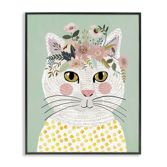 Stupell Industries Playful White Cat with Flowers Black Framed Giclee Art design by Mia Charro, 14 x 11