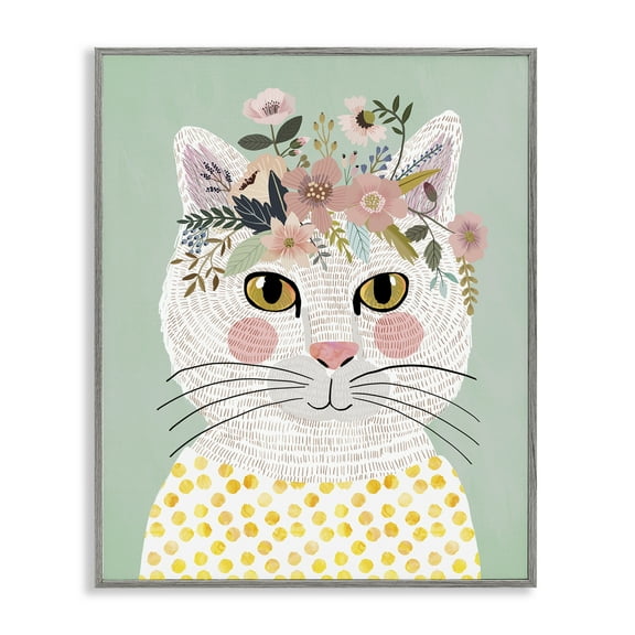 Stupell Industries Playful White Cat with Flowers Gray Framed Giclee Art design by Mia Charro, 14 x 11