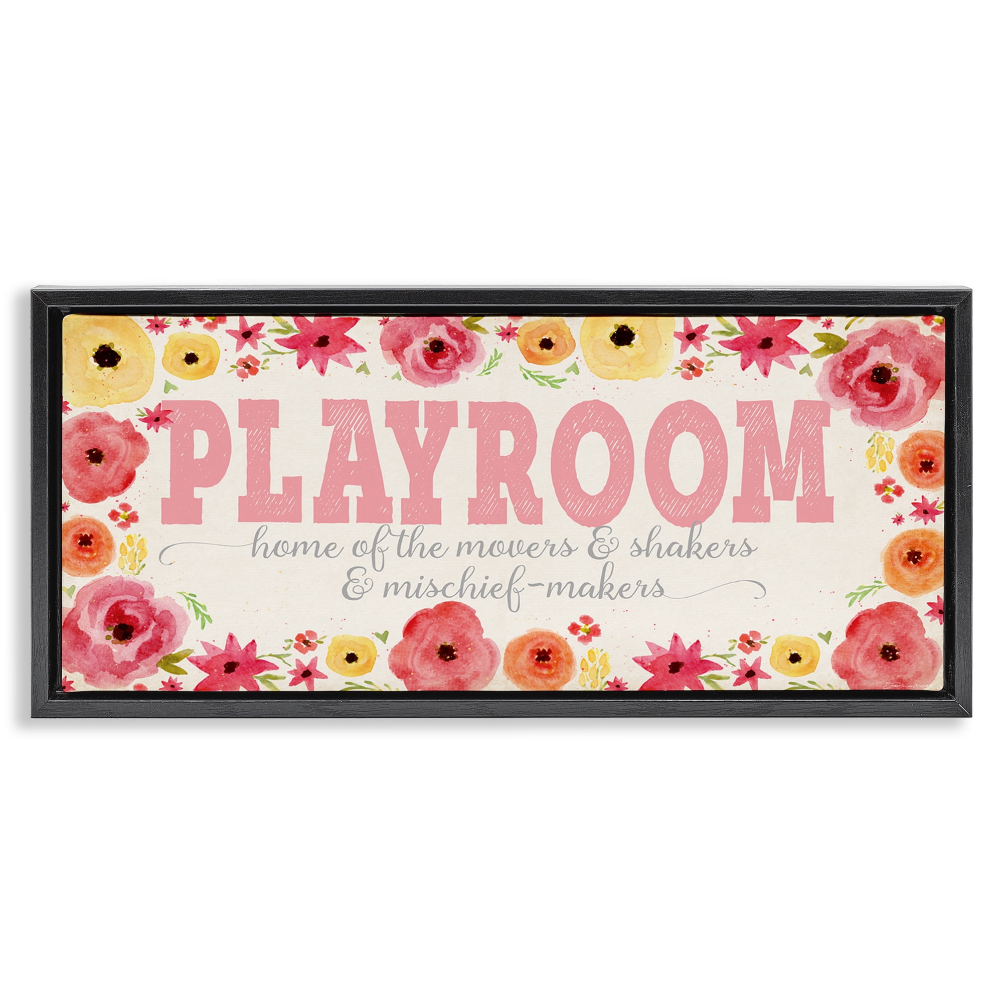 Stupell Industries Playroom Of Mischief Makers Pink Art for Kids Painting Black Floater Framed Canvas Art Print Wall Art, 31 x 14