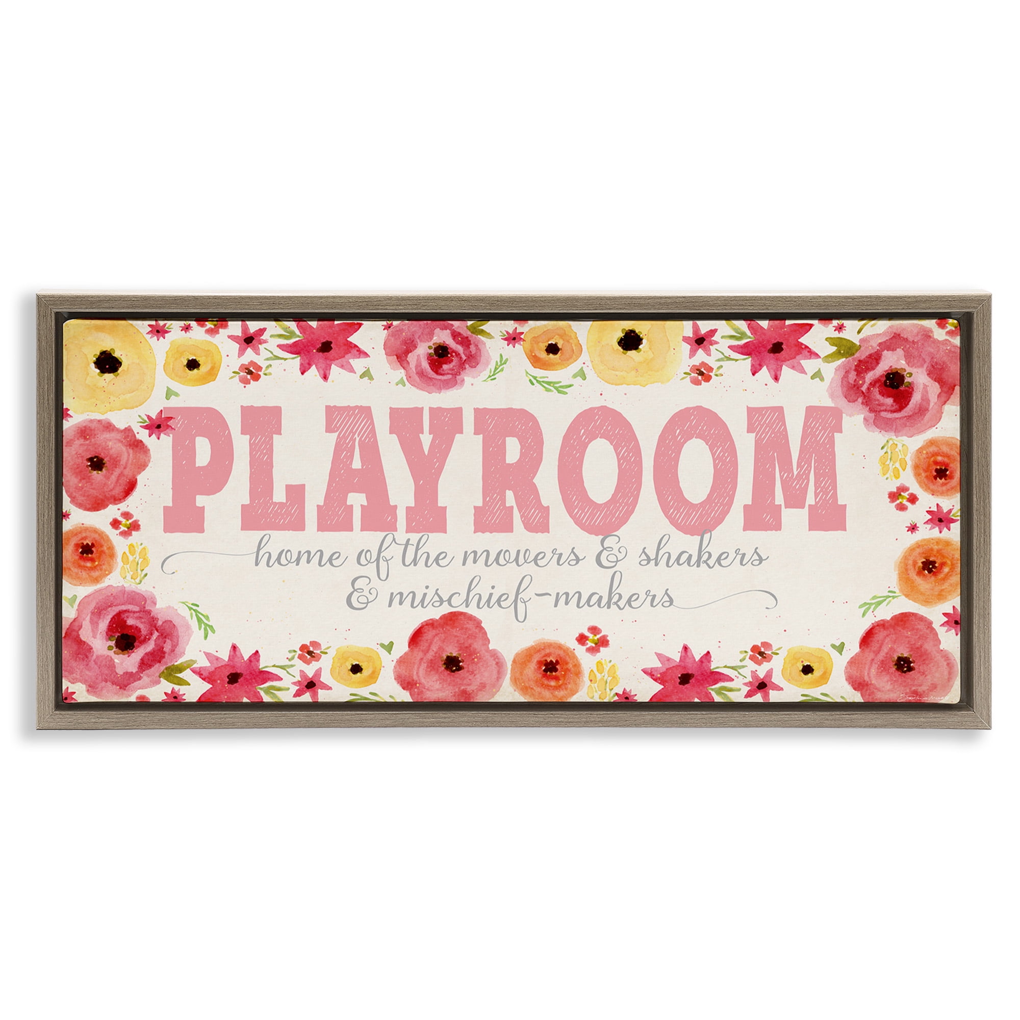 Stupell Industries Playroom Of Mischief Makers Pink Art for Kids Painting Brown Floater Framed Canvas Art Print Wall Art, 25 x 11