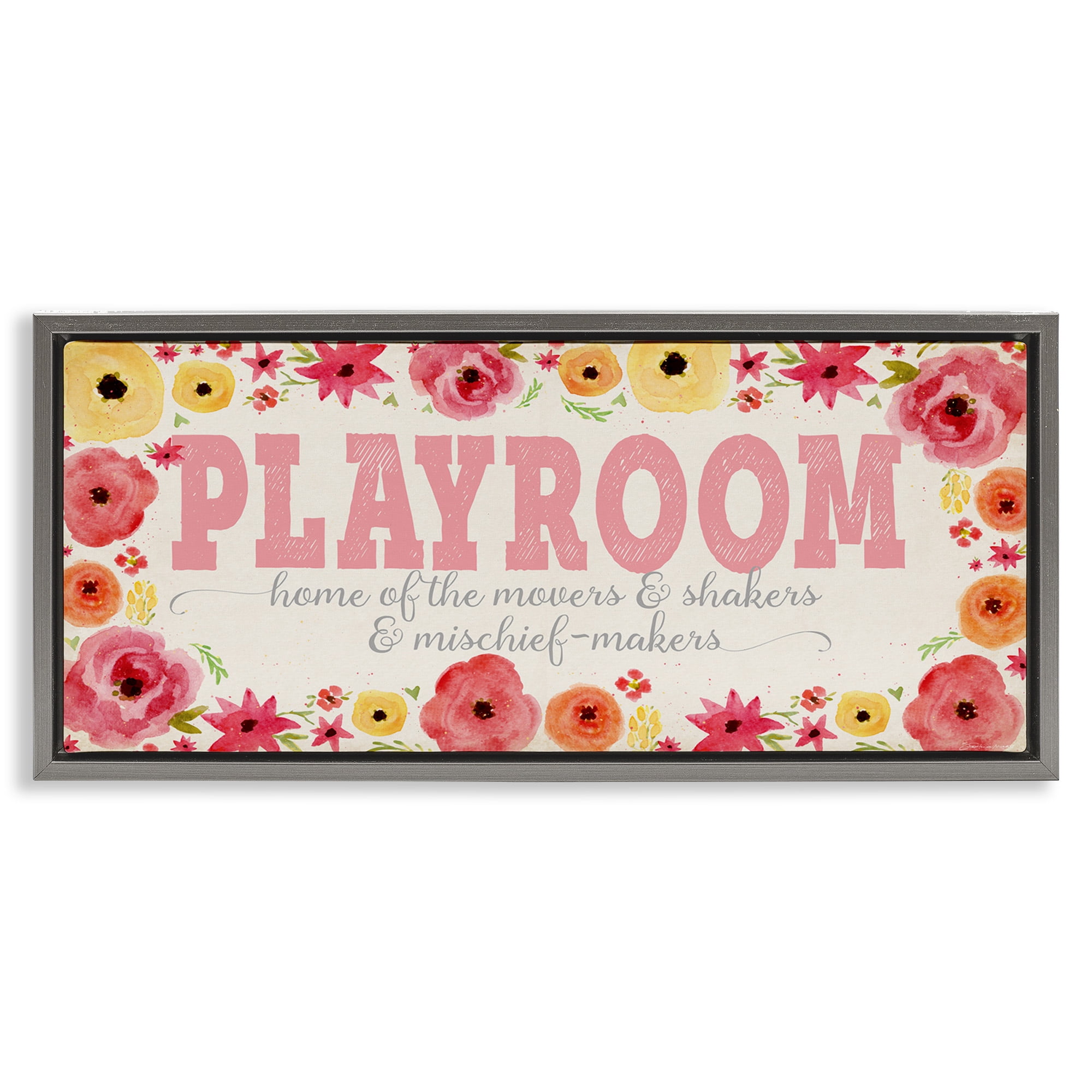 Stupell Industries Playroom Of Mischief Makers Pink Art for Kids Painting Gray Floater Framed Canvas Art Print Wall Art, 31 x 14