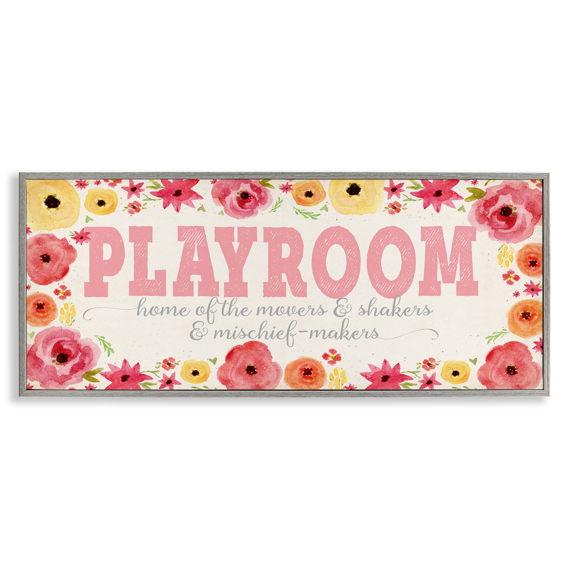 Stupell Industries Playroom Of Mischief Makers Pink Art for Kids Painting Gray Framed Art Print Wall Art, 24 x 10