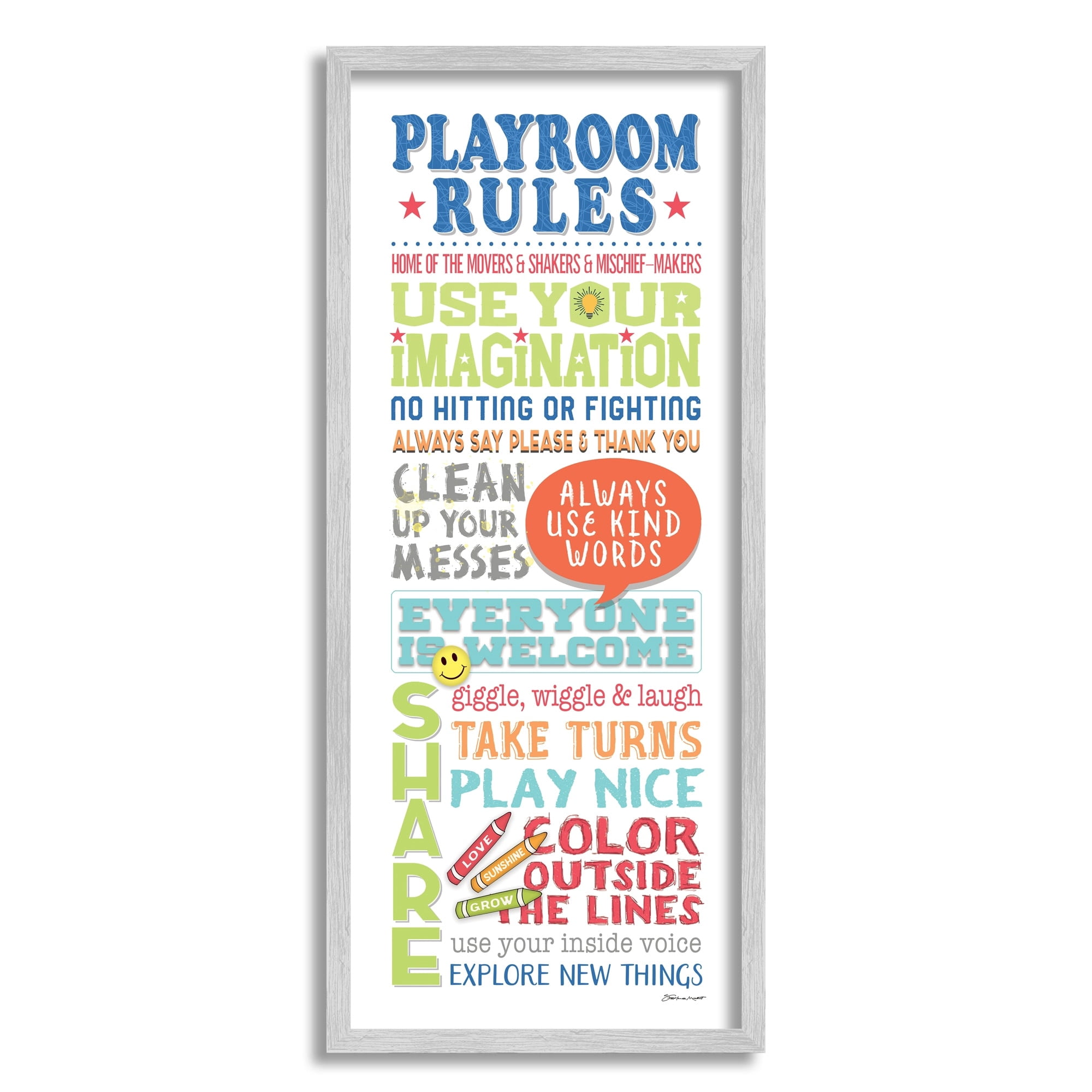 Stupell Industries Playroom Rules Colorful Typography White Blue Green and Red Graphic Art Gray Framed Art Print Wall Art, 13x30, by Stephanie Workman Marrott