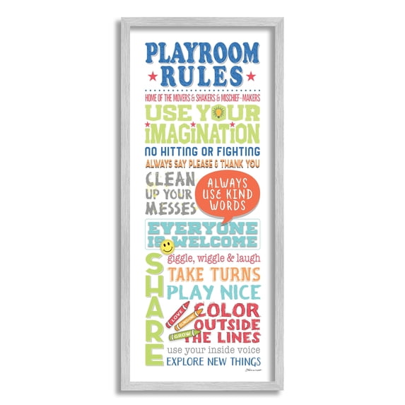 Stupell Industries Playroom Rules Colorful Typography White Blue Green and Red Graphic Art Gray Framed Art Print Wall Art, 13x30, by Stephanie Workman Marrott