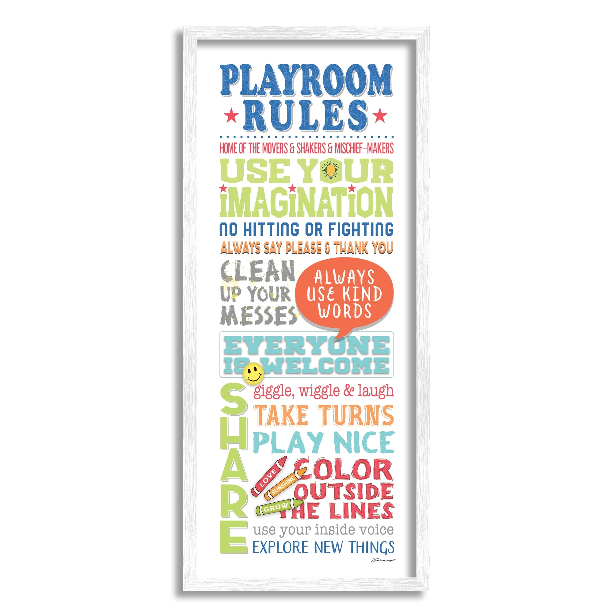 Stupell Industries Playroom Rules Colorful Typography White Blue Green and Red Graphic Art White Framed Art Print Wall Art, 10x24, by Stephanie Workman Marrott