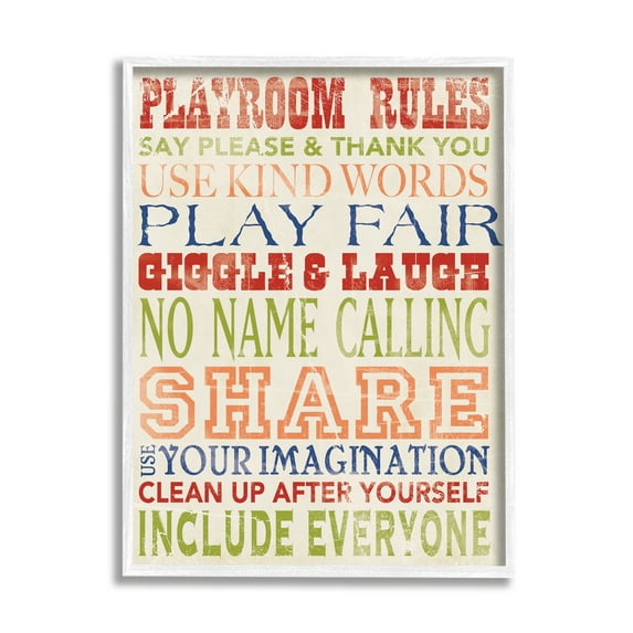 Stupell Industries Playroom Rules In Four Colors Graphic Art White Framed Art Print Wall Art, 11x14, by Stephanie Workman Marrott