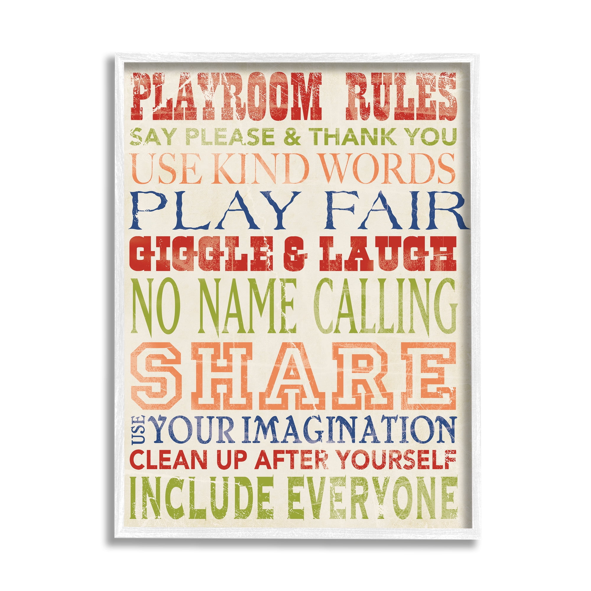 Stupell Industries Playroom Rules In Four Colors Graphic Art White Framed Art Print Wall Art, 16x20, by Stephanie Workman Marrott