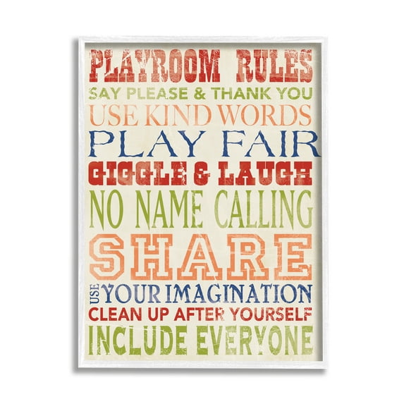 Stupell Industries Playroom Rules In Four Colors Graphic Art White Framed Art Print Wall Art, 16x20, by Stephanie Workman Marrott