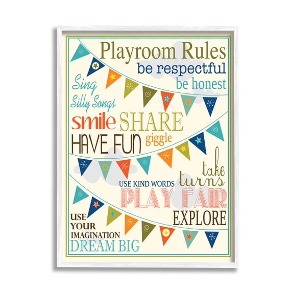 Stupell Industries Playroom Rules With Pennants In Blue Graphic Art Framed Art Print Wall Art, 11x14, By Finny and Zook