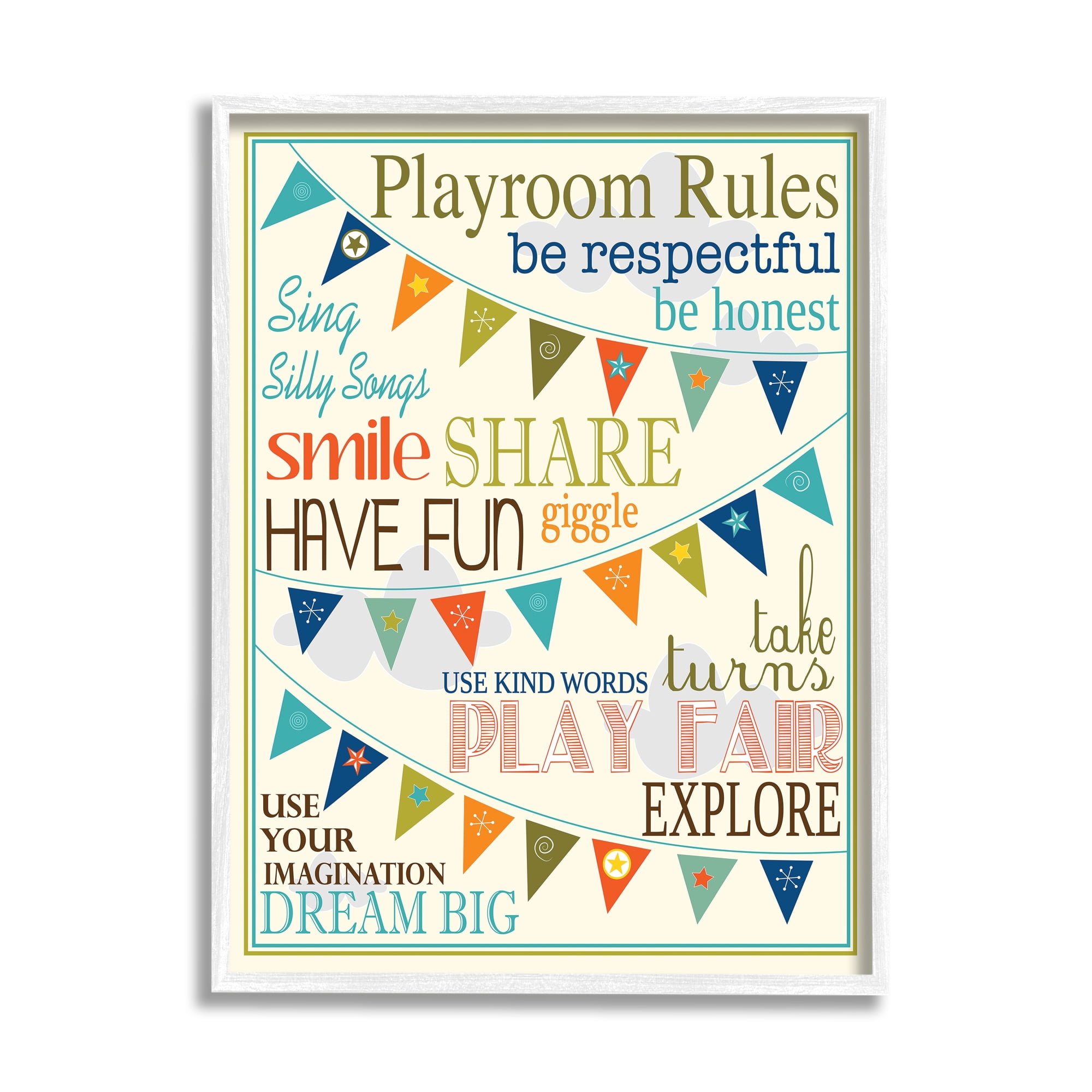 Stupell Industries Playroom Rules With Pennants In Blue Graphic Art Framed Art Print Wall Art, 16x20, By Finny and Zook