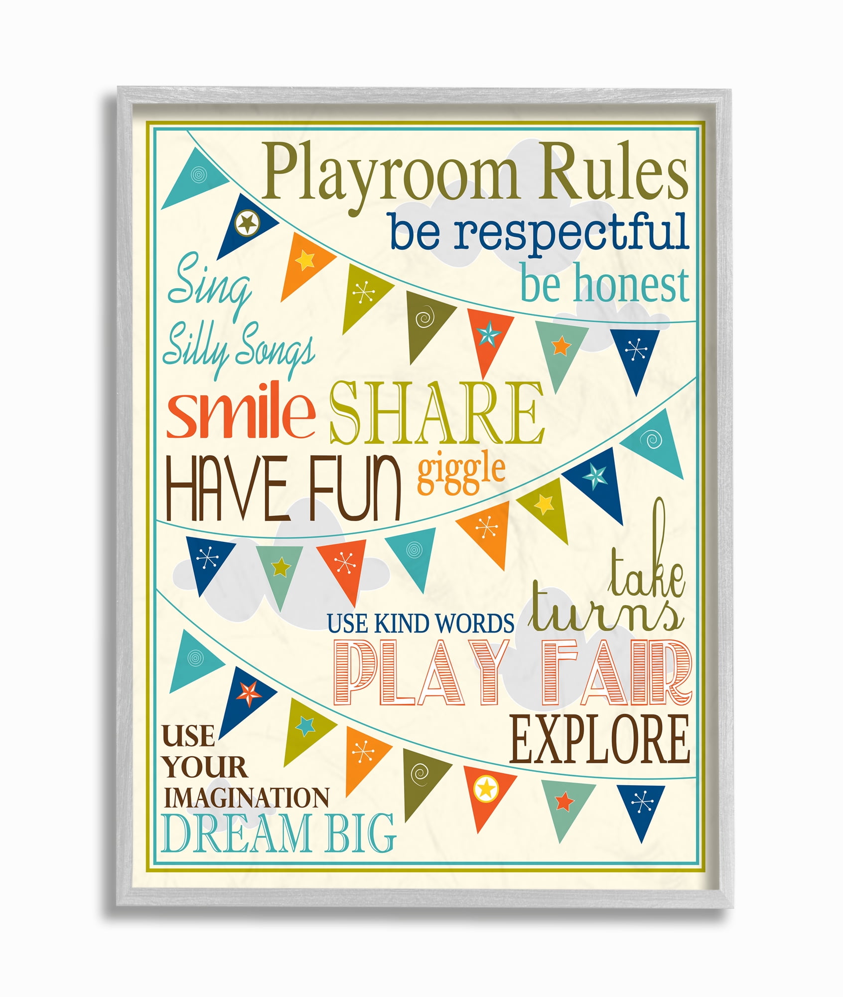 Stupell Industries Playroom Rules With Pennants In Blue Graphic Art Gray Framed Art Print Wall Art, 16x20, by Karen Zukowski (Finny And Zook)