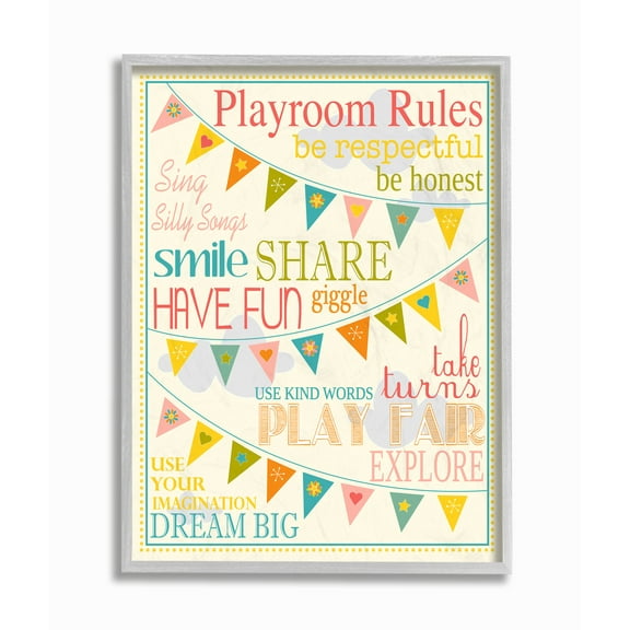 Stupell Industries Playroom Rules With Pennants In Pink Graphic Art Gray Framed Art Print Wall Art, 11x14, by Karen Zukowski (Finny And Zook)
