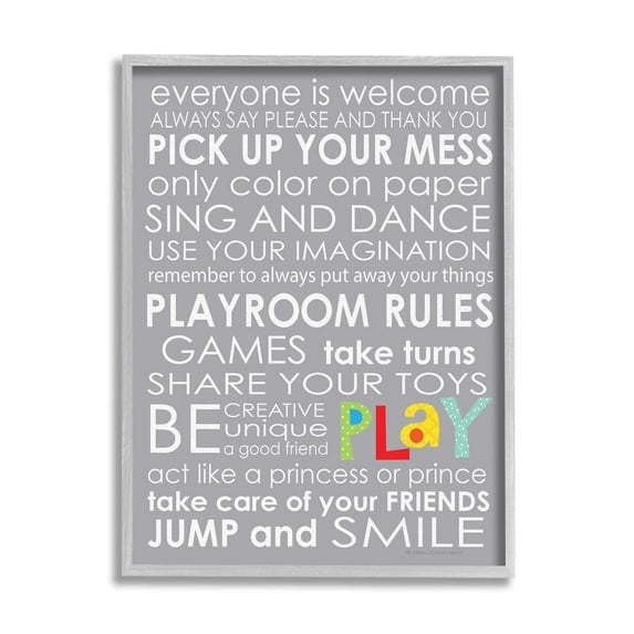 Stupell Industries Playroom Rules for Everyone Typography Graphic Art Gray Framed Art Print Wall Art, 24x30, by Ellen Crimi-Trent