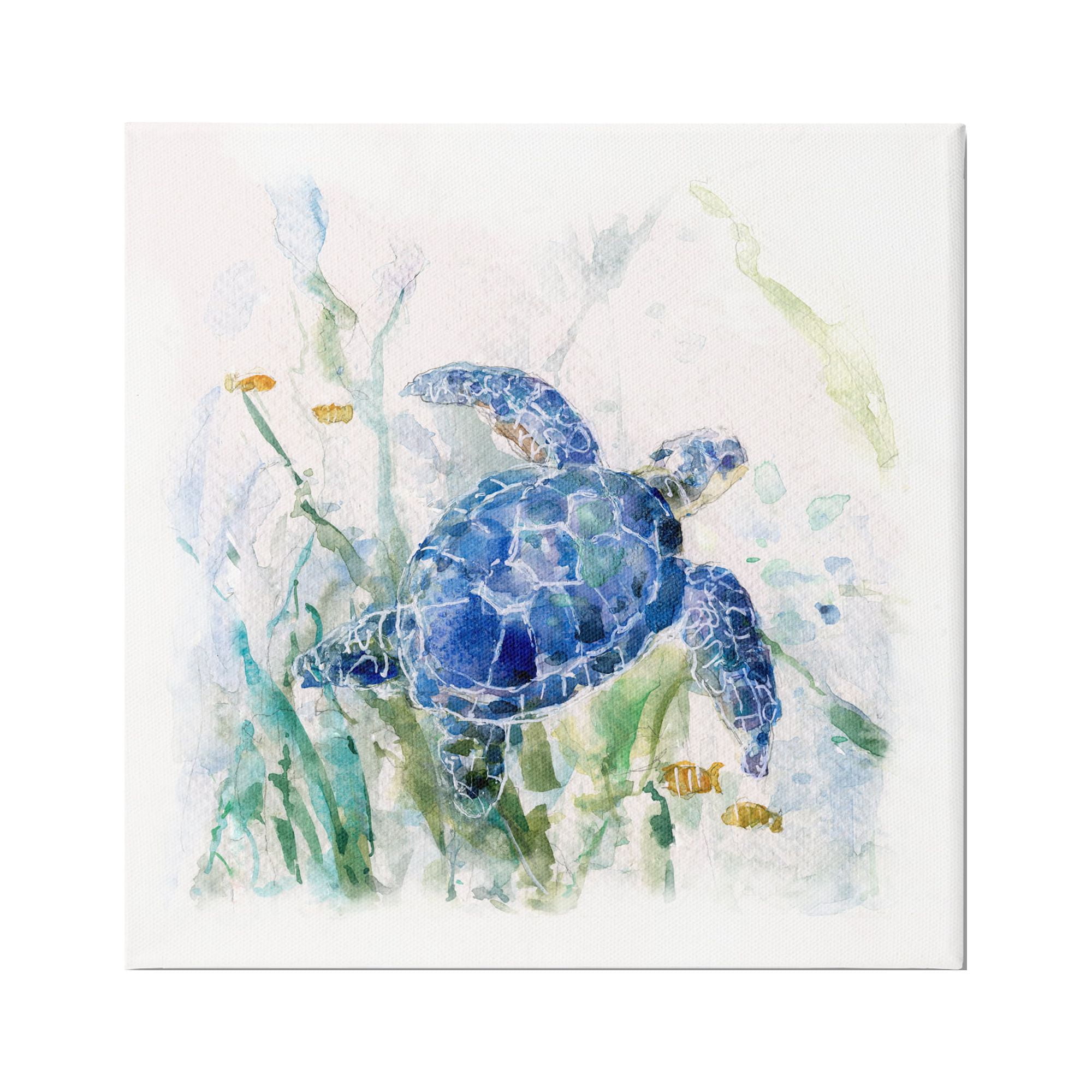 Blue Sea Turtle Swimming in Ocean Canvas Wall Art, 17" x 17"