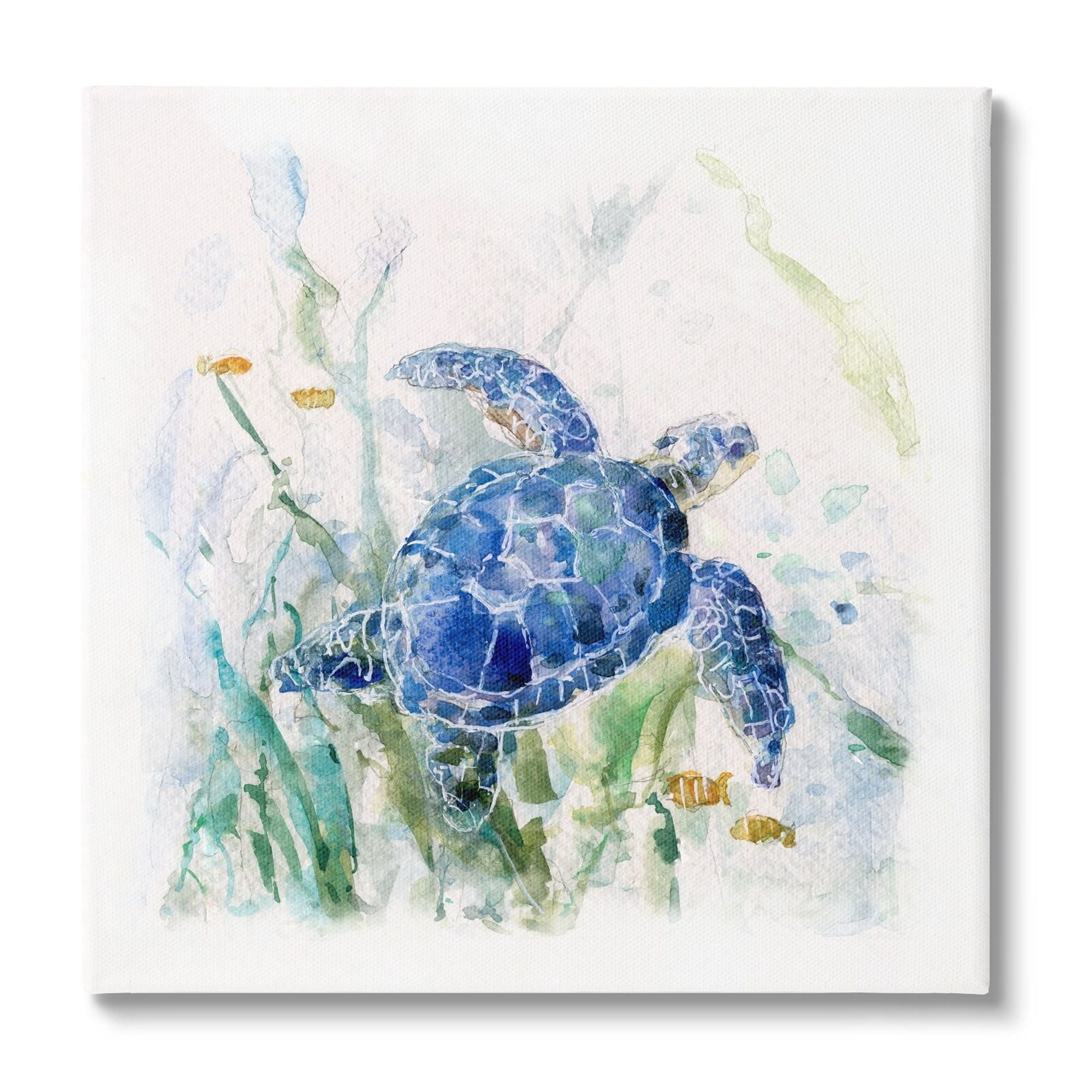 Stupell Industries Pleasant Aquatic Blue Sea Turtle Swimming Ocean Plants Paintings Gallery-Wrapped Canvas Print Wall Art, 30x30, by Sally Swatland