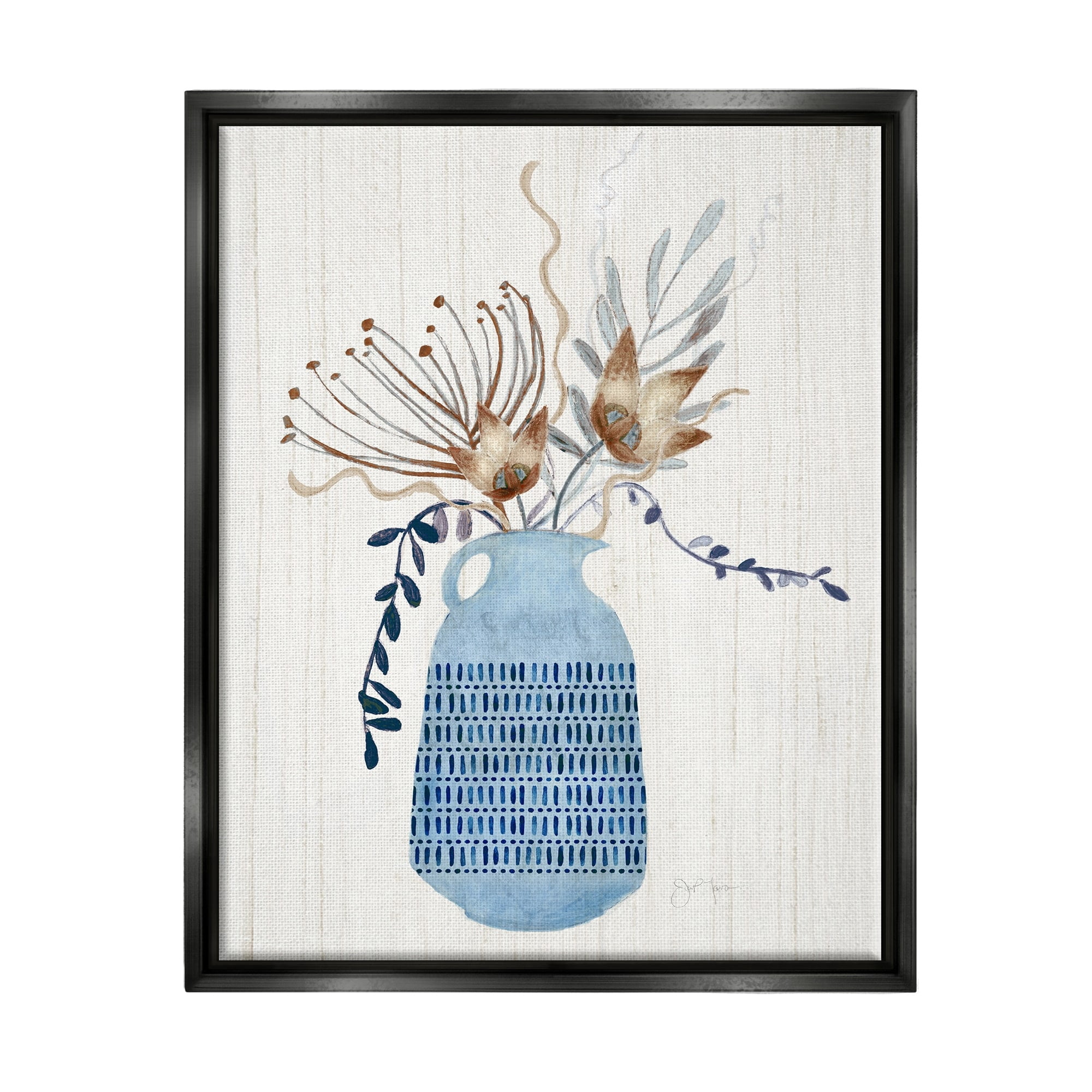 Stupell Industries Pleasant Blue Vase Boho Flowers Botanicals Arrangement Graphic Art Jet Black Floating Framed Canvas Print Wall Art, Design by Tava Studios