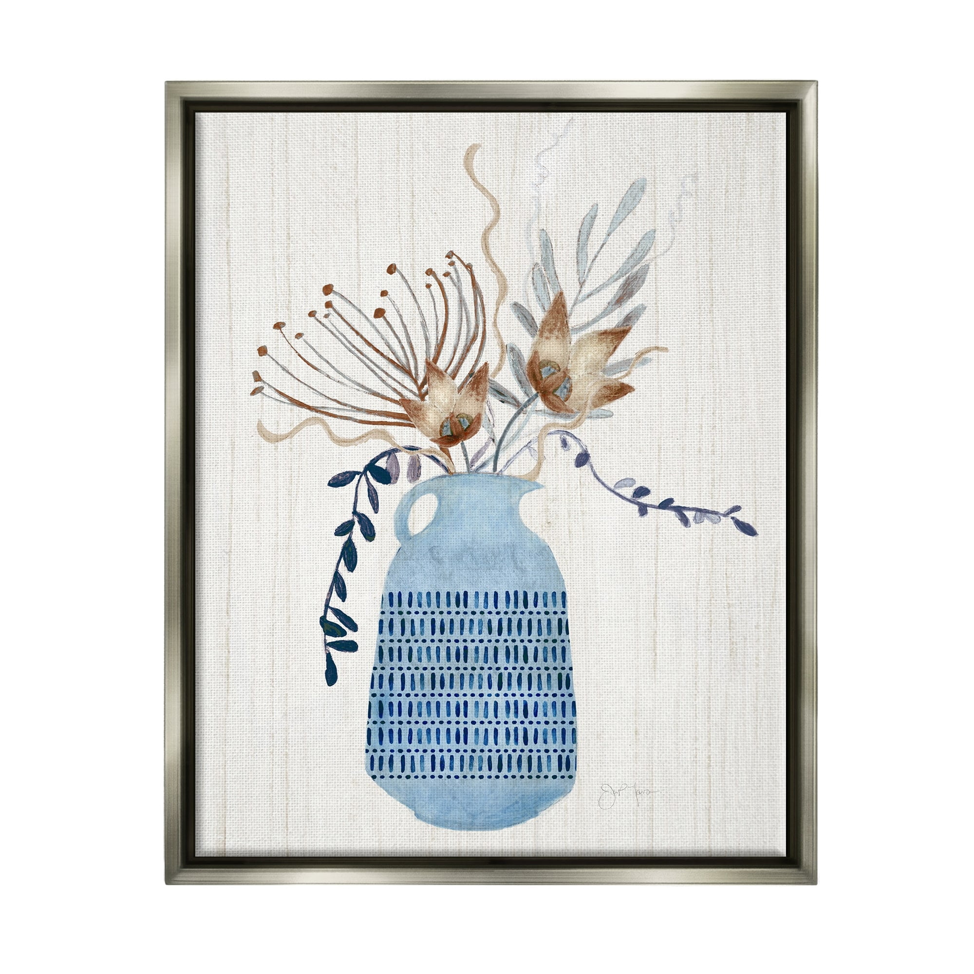 Stupell Industries Pleasant Blue Vase Boho Flowers Botanicals Arrangement Graphic Art Luster Gray Floating Framed Canvas Print Wall Art, Design by Tava Studios