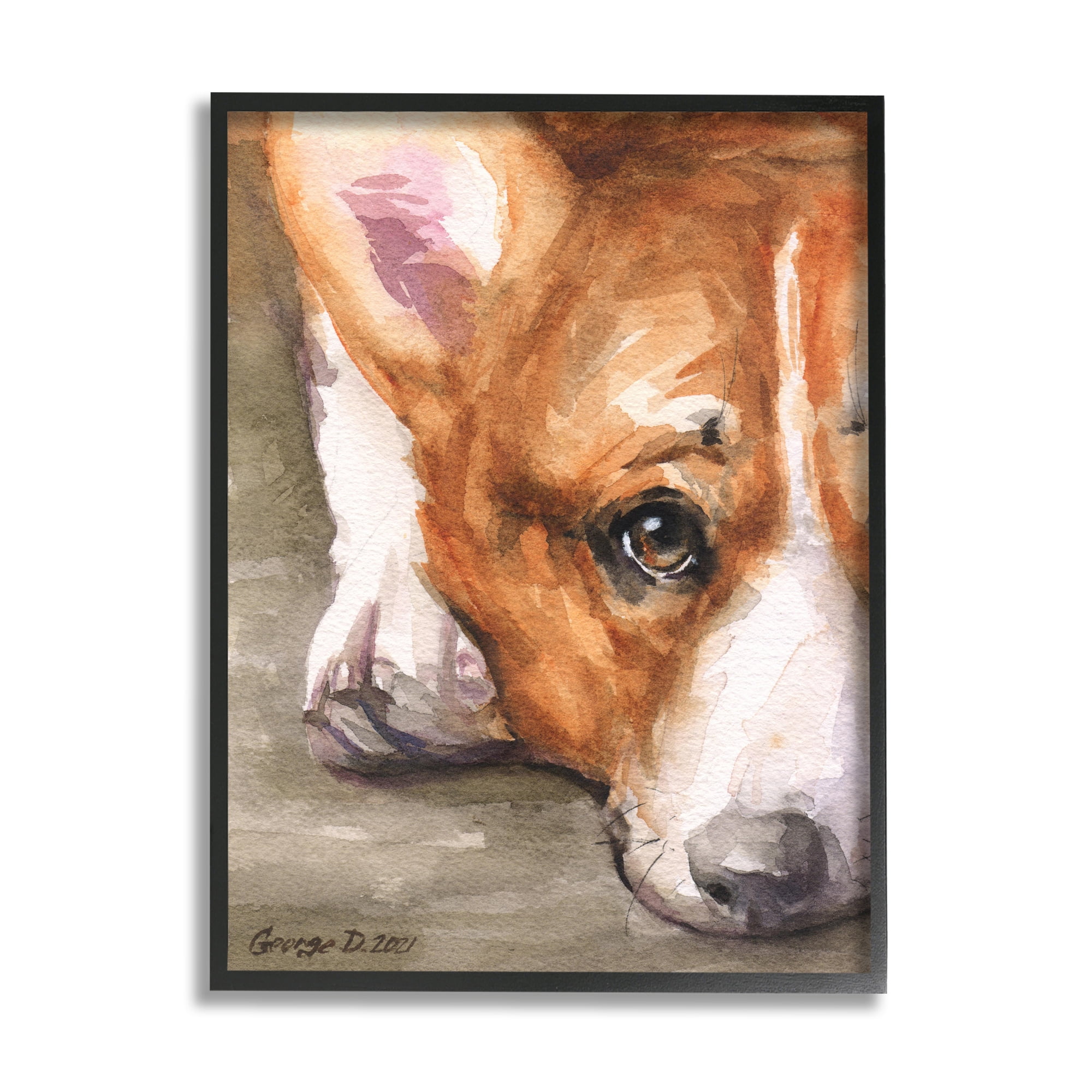 Stupell Industries Pleasant Corgi Puppy Dog Gazing Lying Down Painting Black Framed Art Print Wall Art, Design by George Dyachenko