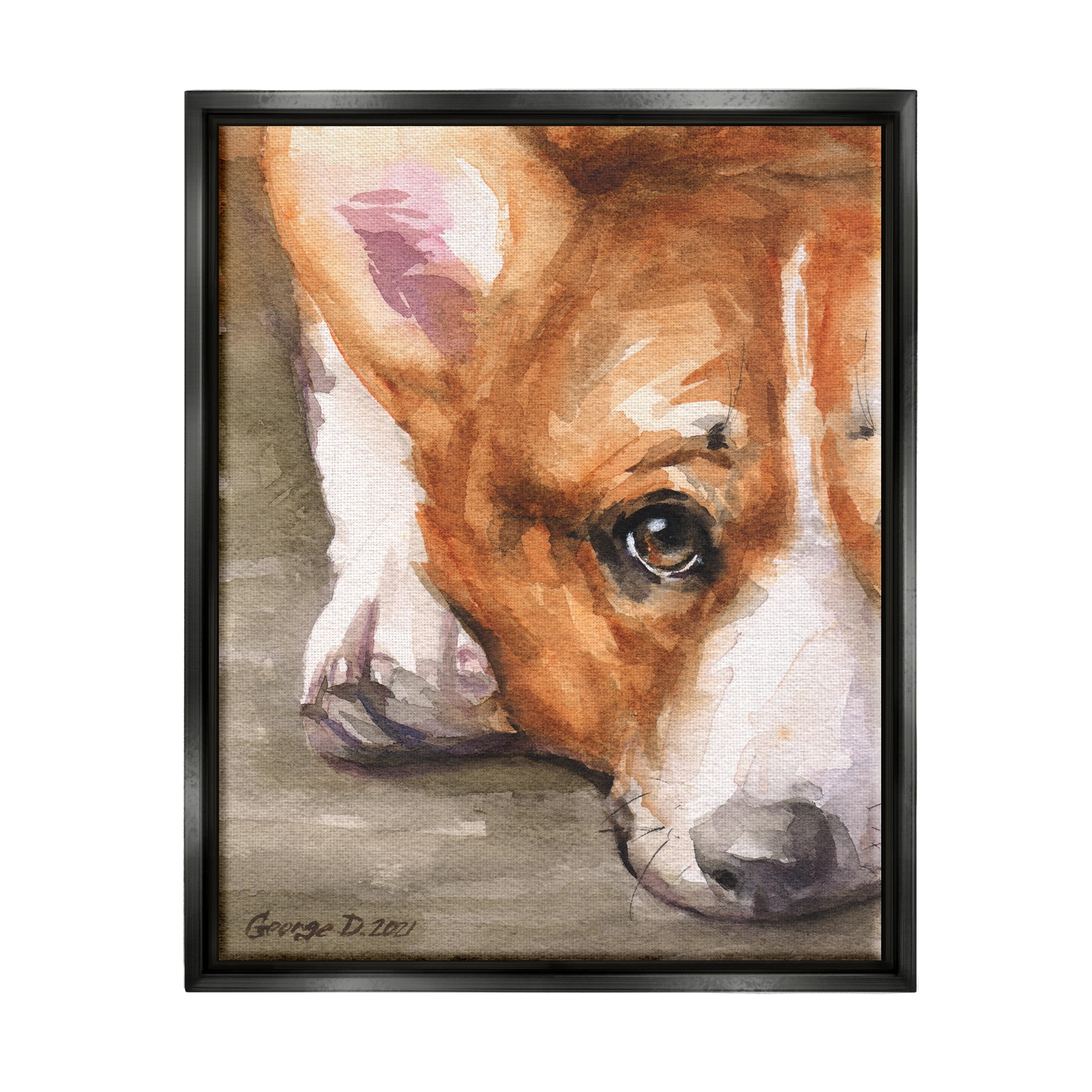 Stupell Industries Pleasant Corgi Puppy Dog Gazing Lying Down Painting Jet Black Floating Framed Canvas Print Wall Art, Design by George Dyachenko