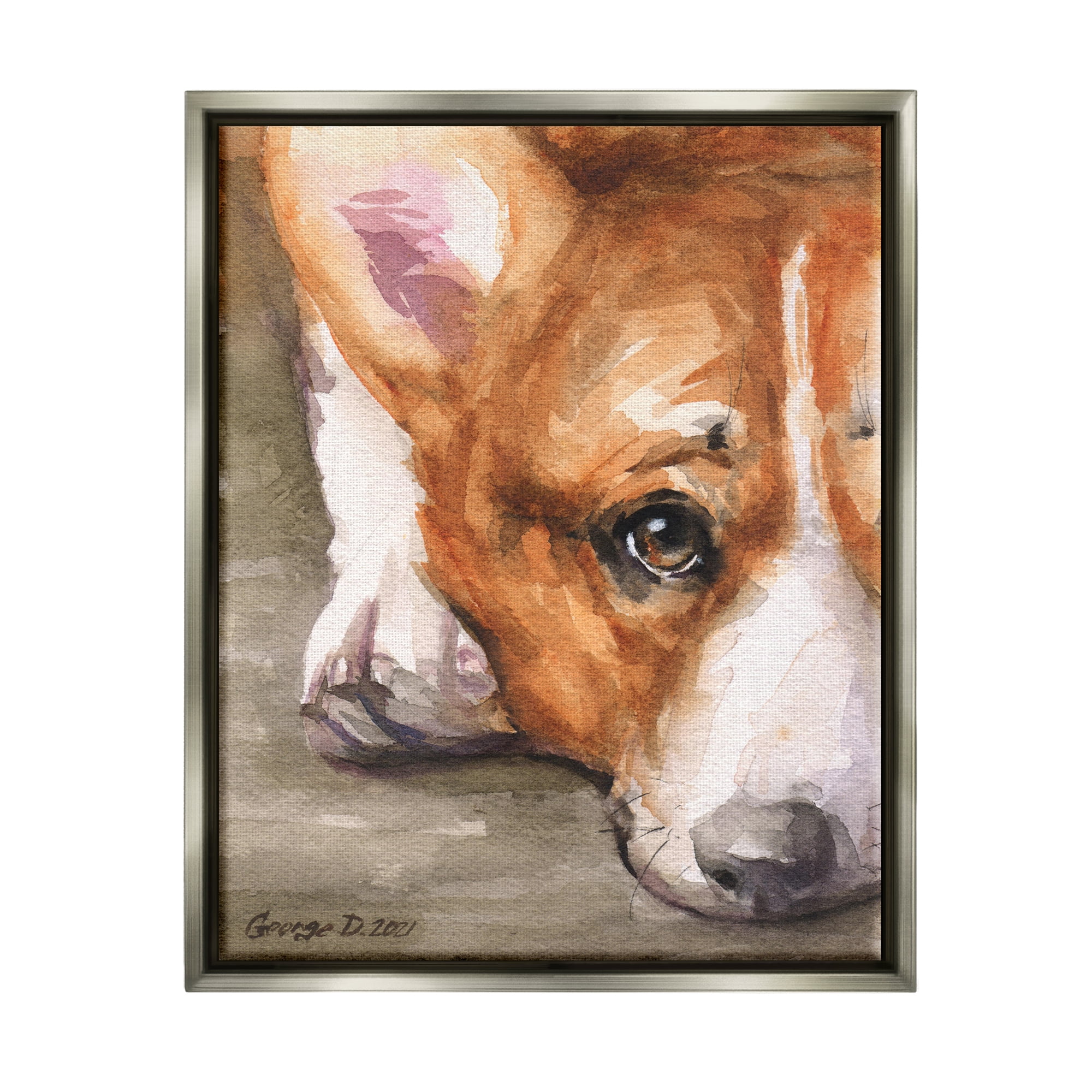 Stupell Industries Pleasant Corgi Puppy Dog Gazing Lying Down Painting Luster Gray Floating Framed Canvas Print Wall Art, Design by George Dyachenko