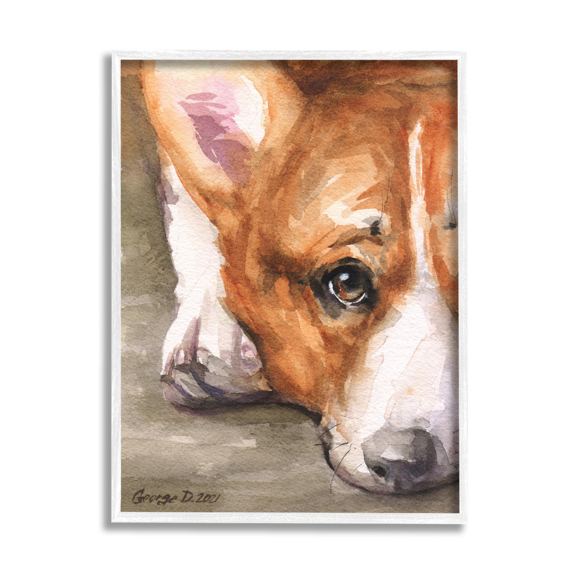 Stupell Industries Pleasant Corgi Puppy Dog Gazing Lying Down Painting White Framed Art Print Wall Art, Design by George Dyachenko
