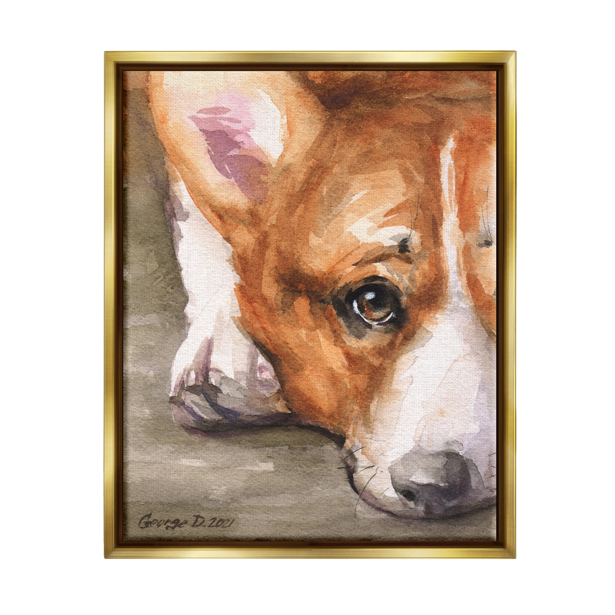 Stupell Industries Pleasant Corgi Puppy Dog Gazing Lying Down Painting Metallic Gold Floating Framed Canvas Print Wall Art, Design by George Dyachenko