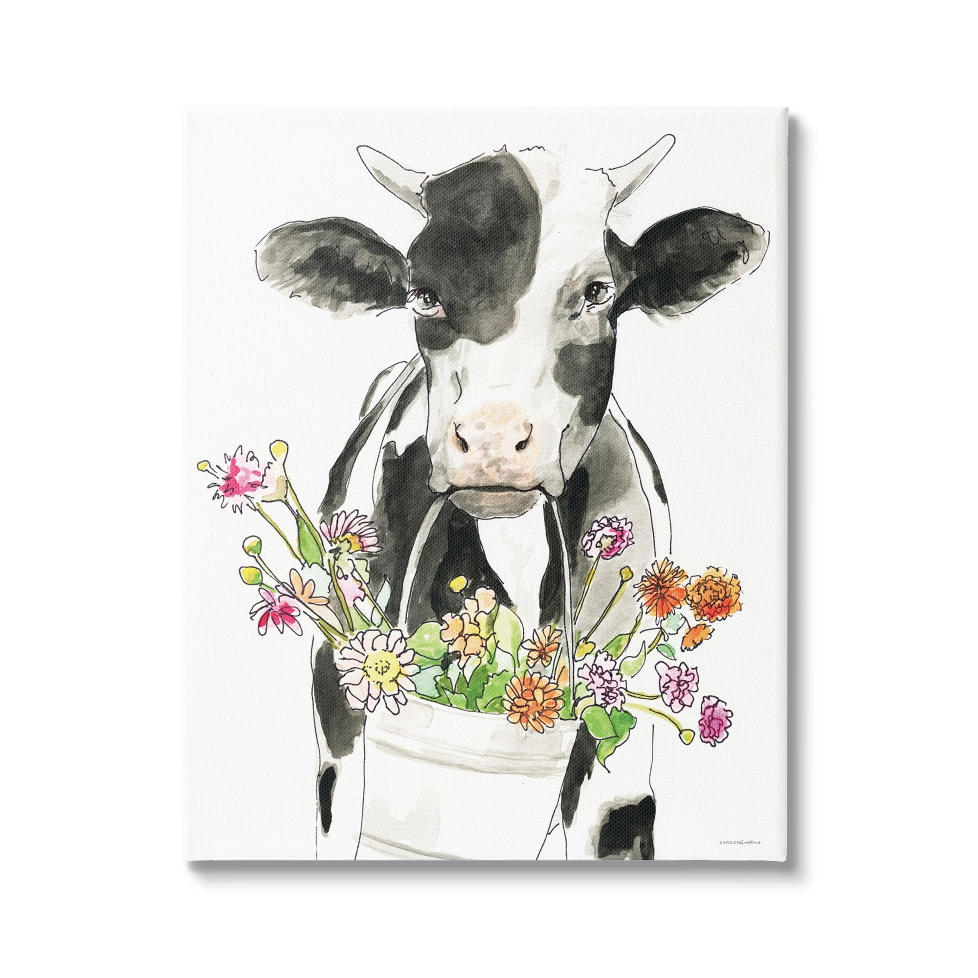 Stupell Industries Pleasant Fam Cow Country Flower Bouquet Bucket Canvas Wall Art, 24 x 30, Design by Kamdon Kreations