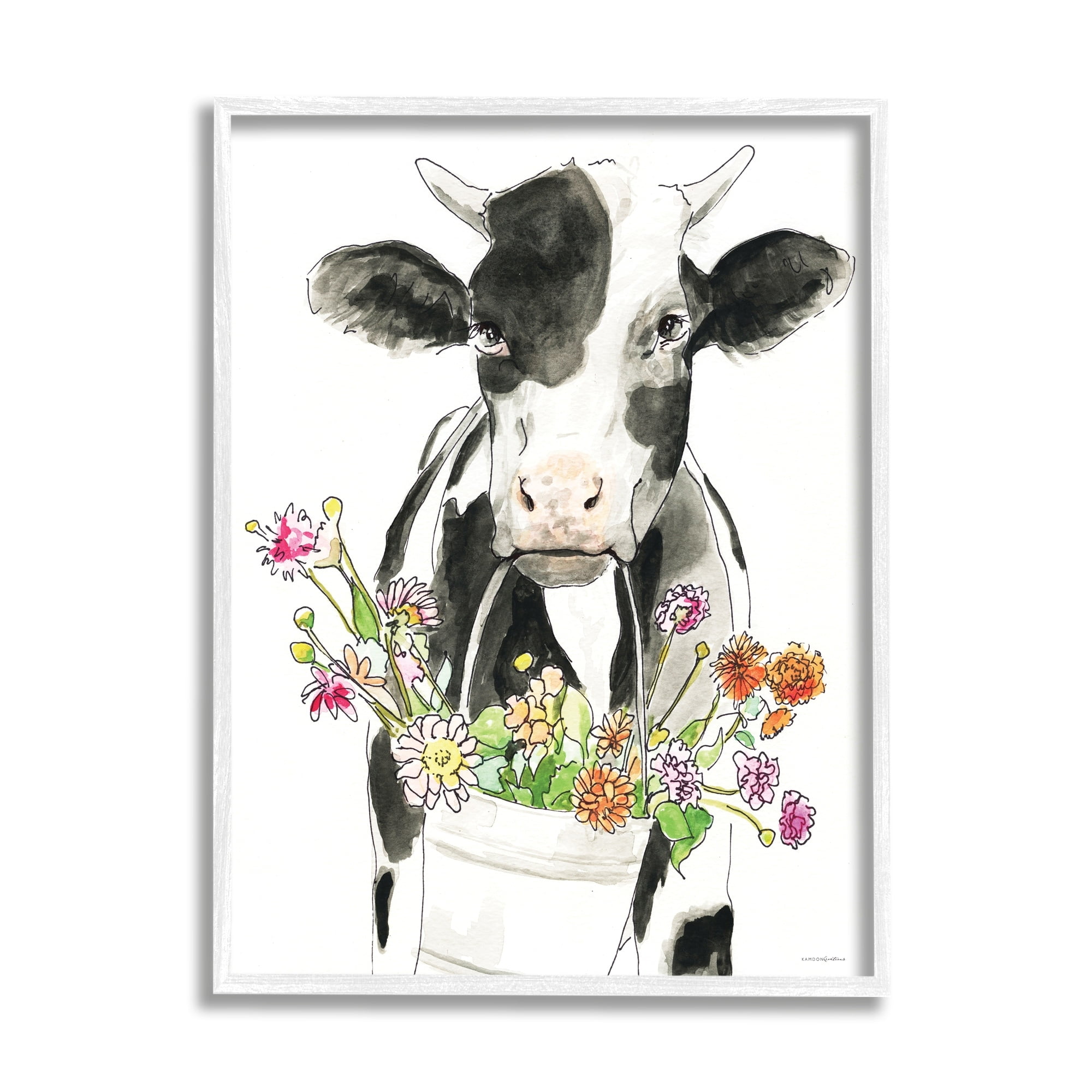Stupell Industries Pleasant Fam Cow Country Flower Bouquet Bucket Framed Wall Art, 24 x 30, Design by Kamdon Kreations