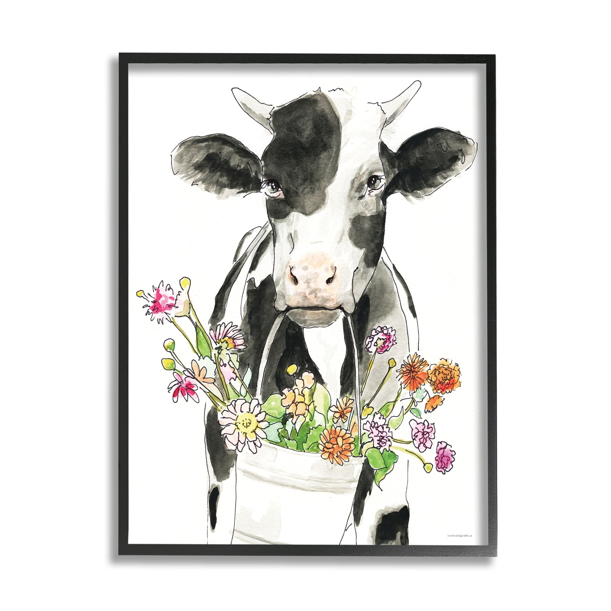 Stupell Industries Pleasant Fam Cow Country Flower Bouquet Bucket Framed Wall Art, 24 x 30, Design by Kamdon Kreations