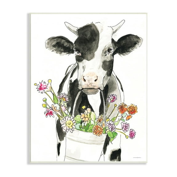 Stupell Industries Pleasant Fam Cow Country Flower Bouquet Bucket Wood Wall Art, 13 x 19, Design by Kamdon Kreations