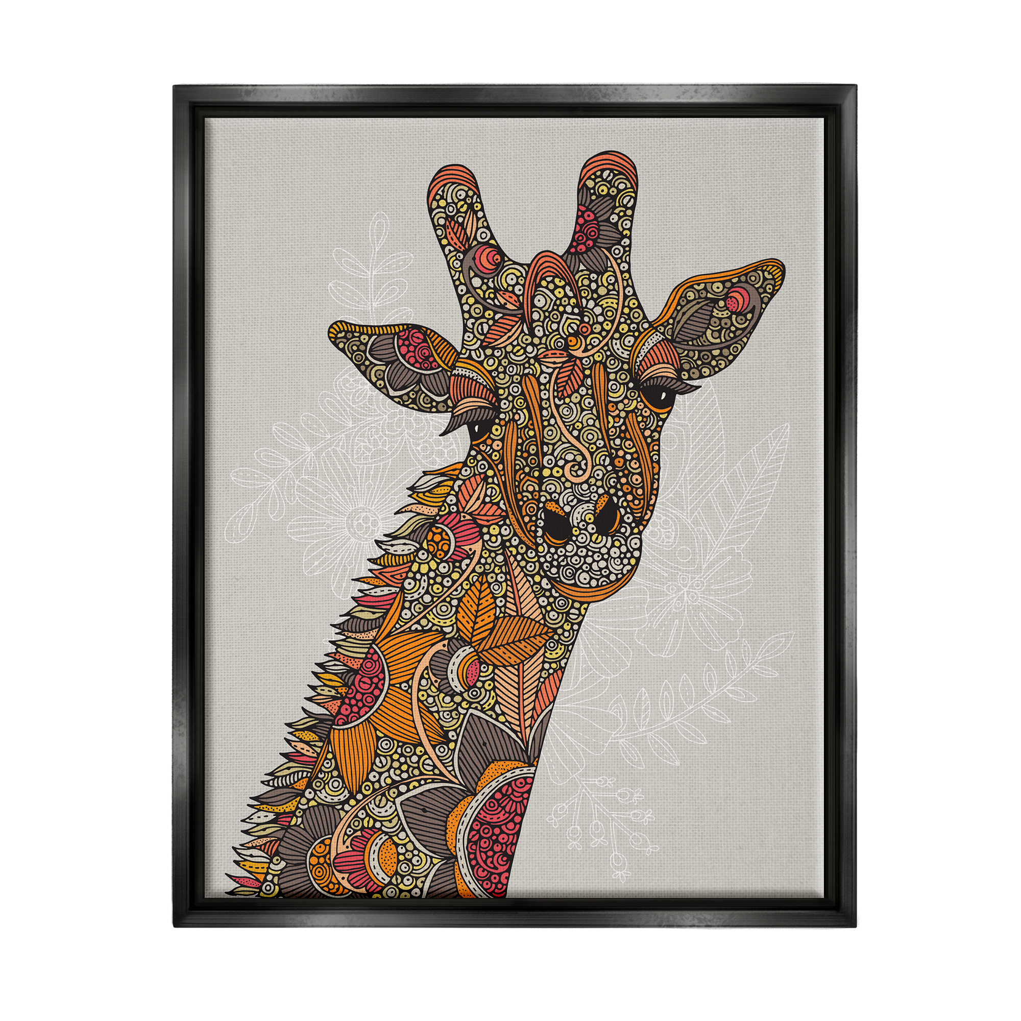 Stupell Industries Pleasant Giraffe Animal Intricate Floral Fractal Details Graphic Art Jet Black Floating Framed Canvas Print Wall Art, Design by Valentina Harper