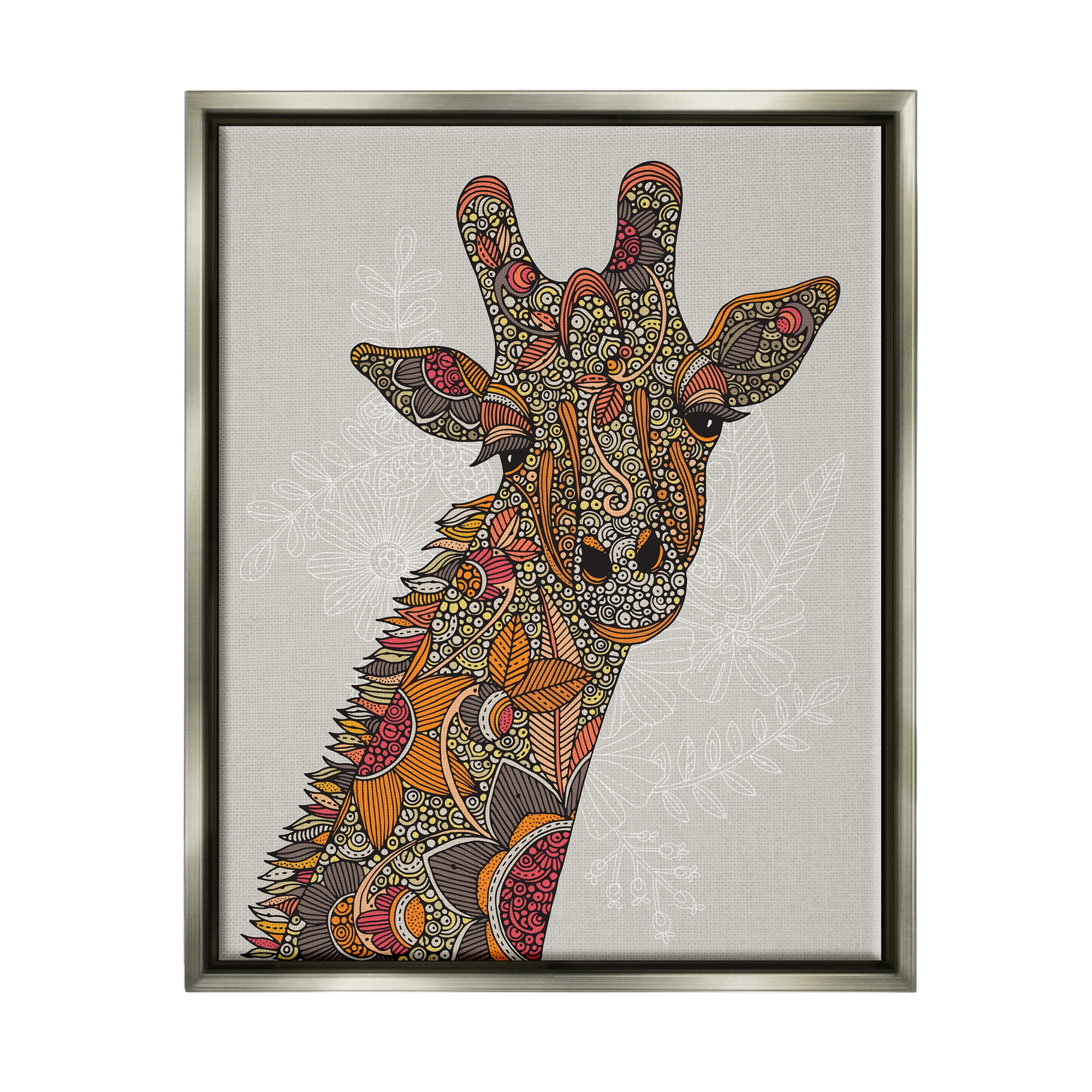 Stupell Industries Pleasant Giraffe Animal Intricate Floral Fractal Details Graphic Art Luster Gray Floating Framed Canvas Print Wall Art, Design by Valentina Harper
