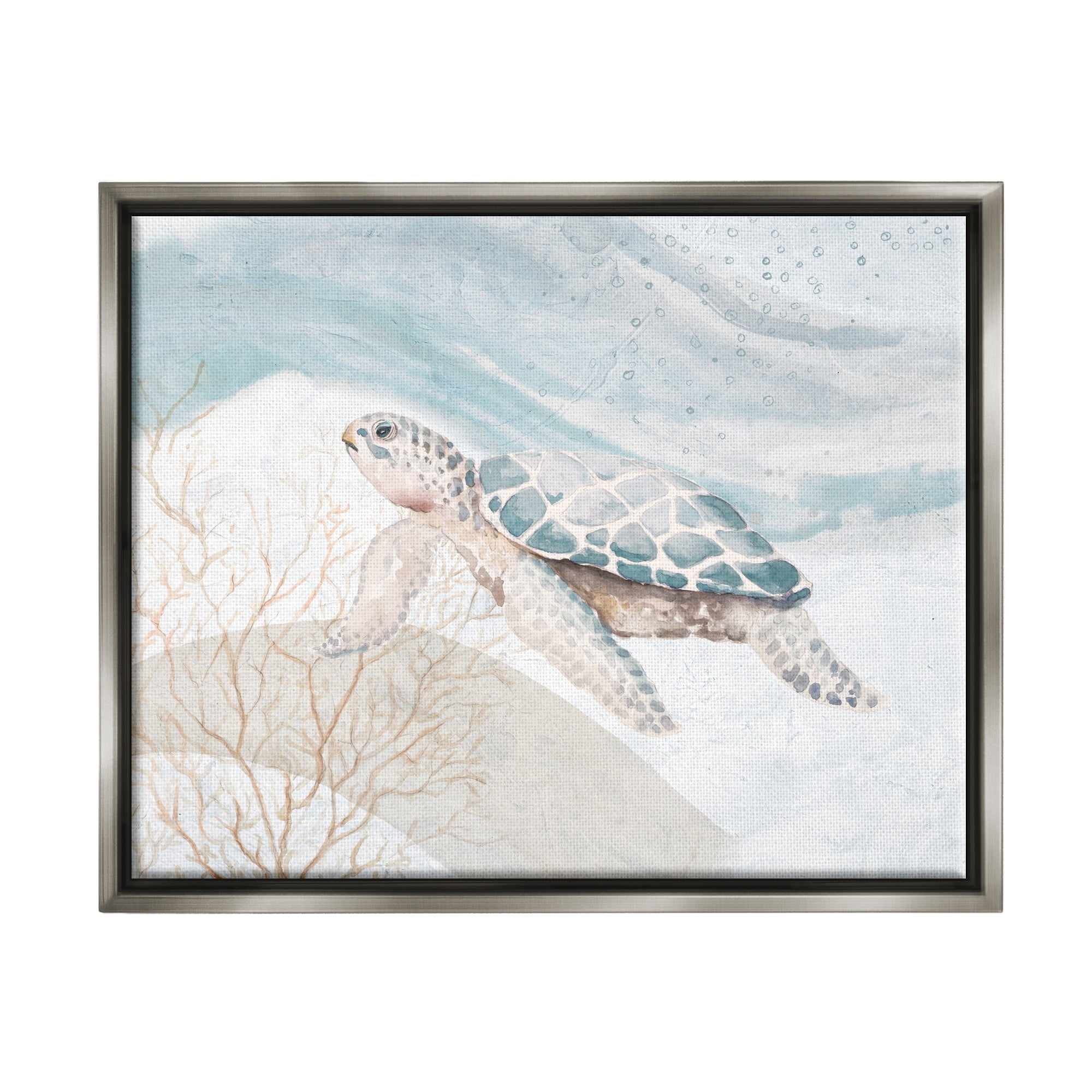 Stupell Industries Pleasant Sea Turtle Drifting Ocean Bubble Waves Painting Luster Gray Floating Framed Canvas Print Wall Art, Design by Patricia Pinto