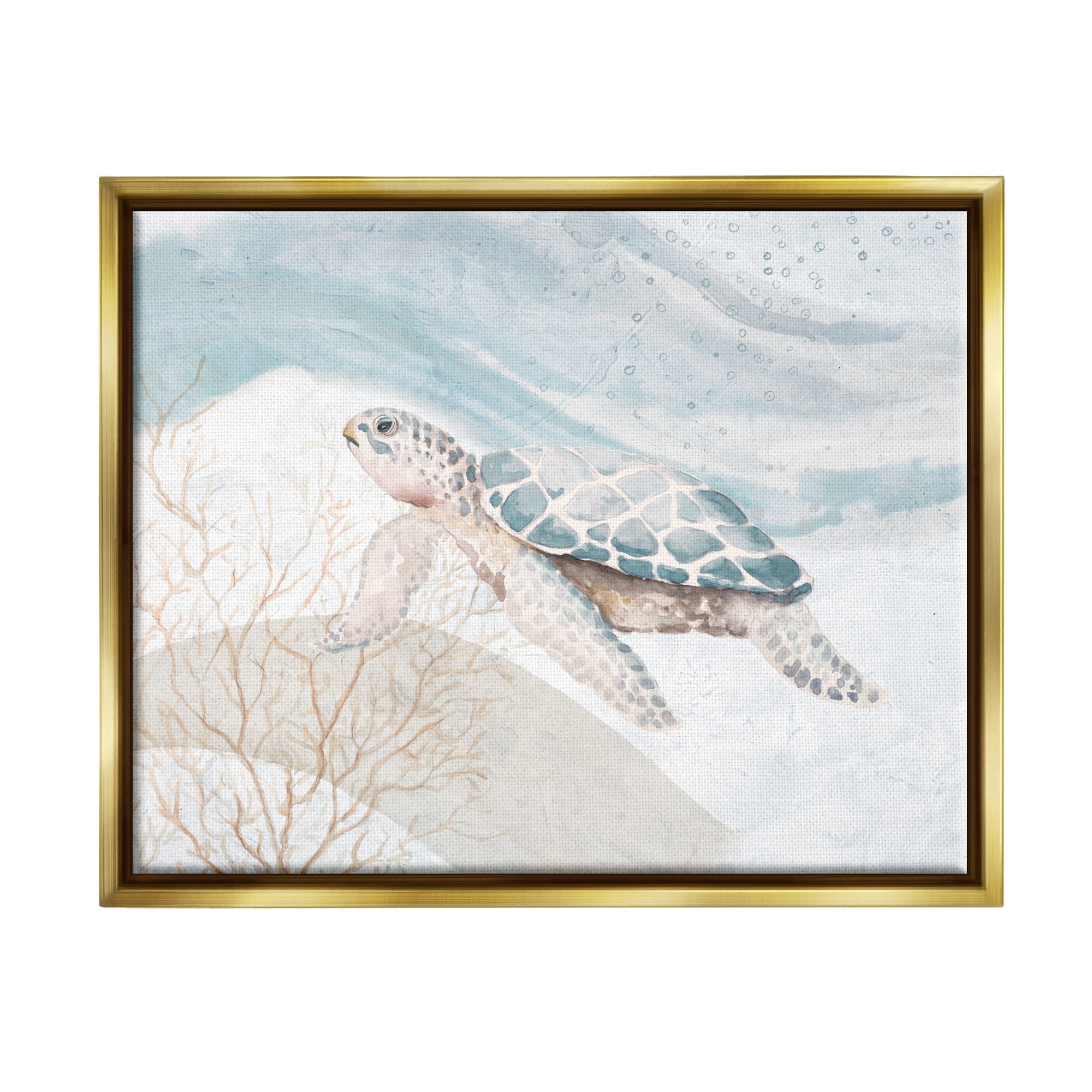 Stupell Industries Pleasant Sea Turtle Drifting Ocean Bubble Waves Painting Metallic Gold Floating Framed Canvas Print Wall Art, Design by Patricia Pinto