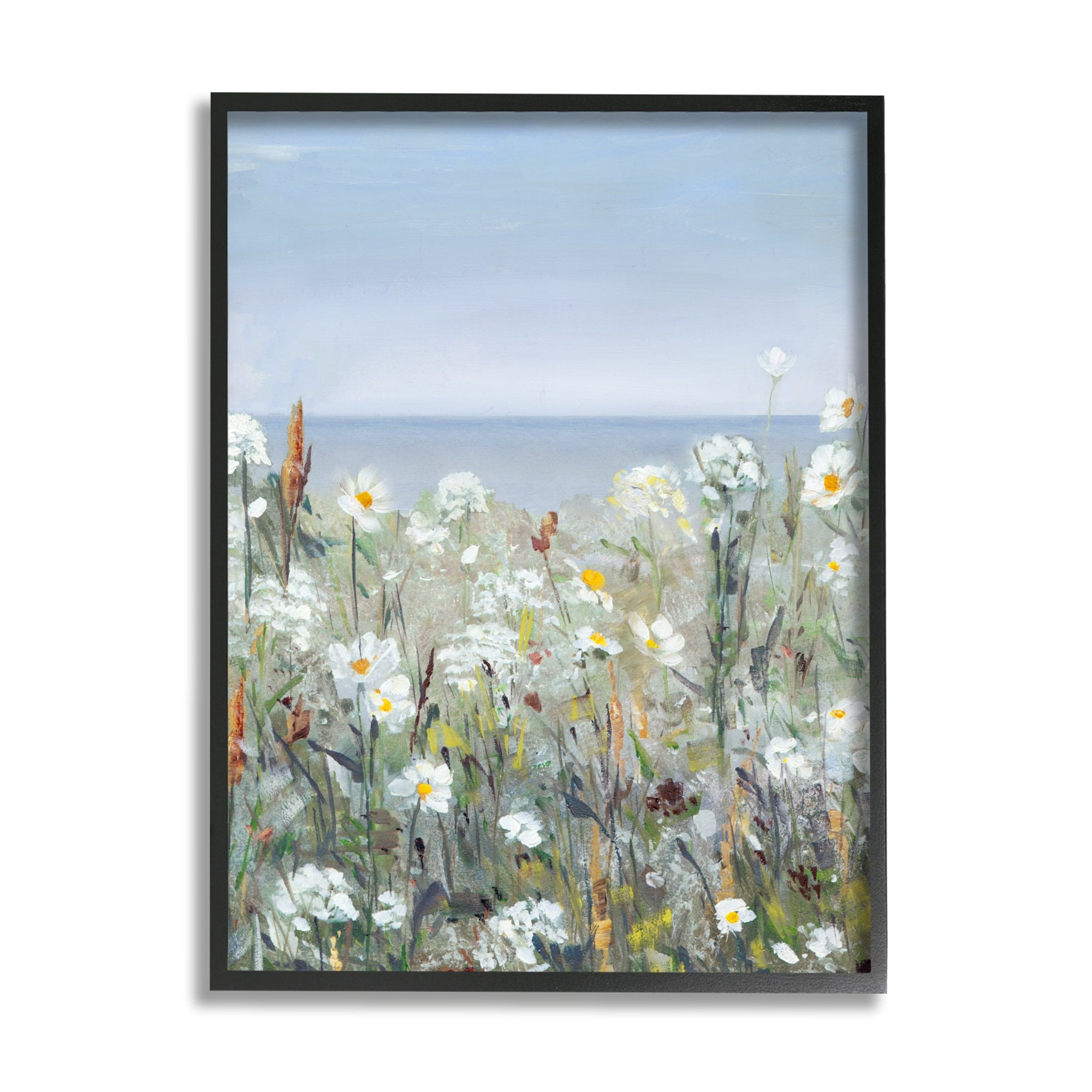 Stupell Industries Pleasant Summer Flower Field Distant Beach Shore Painting Black Framed Art Print Wall Art, Design by Sally Swatland