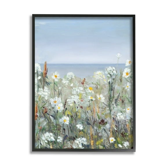 Stupell Industries Pleasant Summer Flower Field Distant Beach Shore Painting Black Framed Art Print Wall Art, Design by Sally Swatland