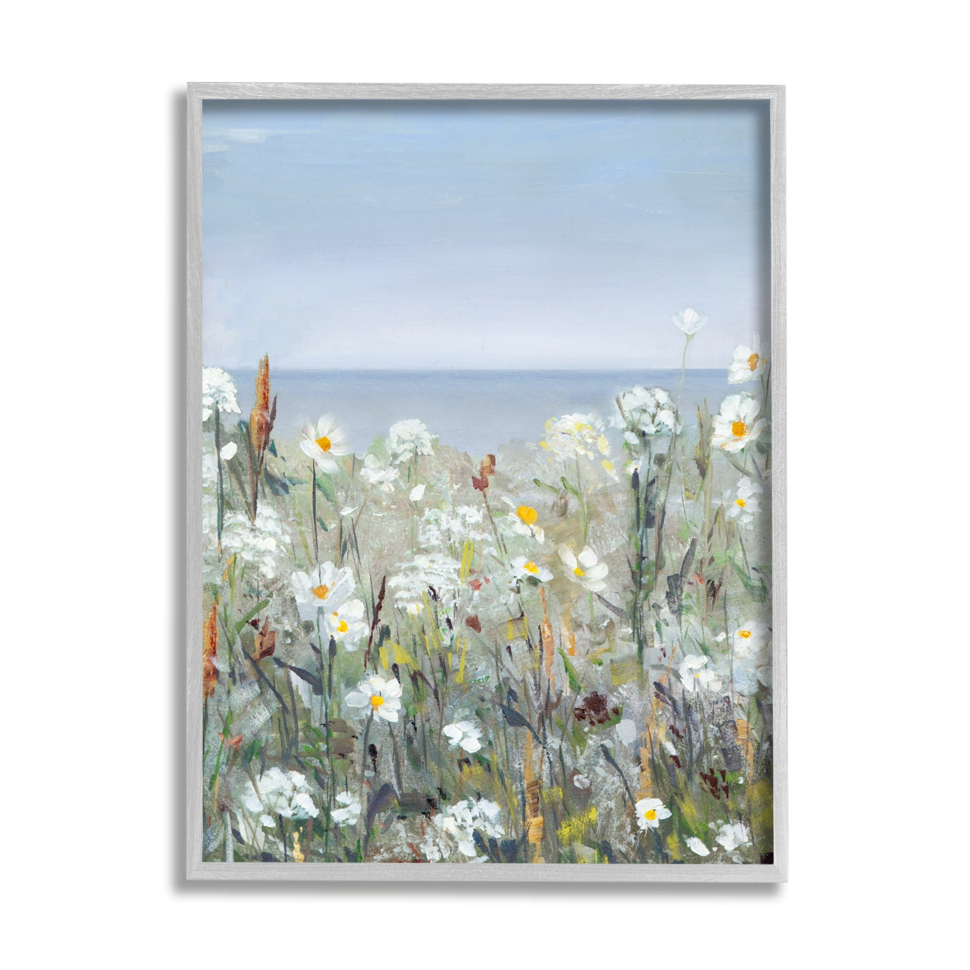 Stupell Industries Pleasant Summer Flower Field Distant Beach Shore Painting Gray Framed Art Print Wall Art, Design by Sally Swatland
