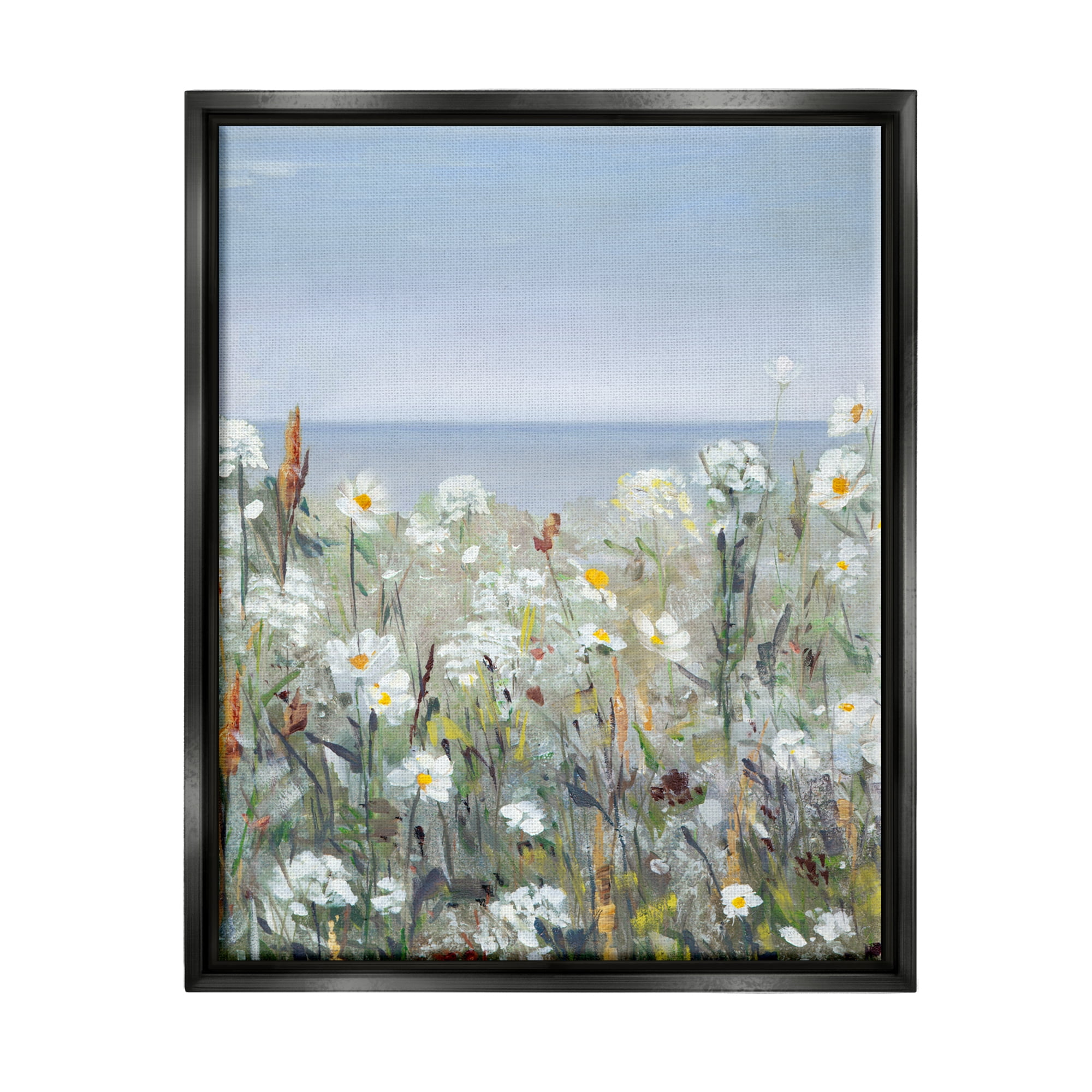Stupell Industries Pleasant Summer Flower Field Distant Beach Shore Painting Jet Black Floating Framed Canvas Print Wall Art, Design by Sally Swatland