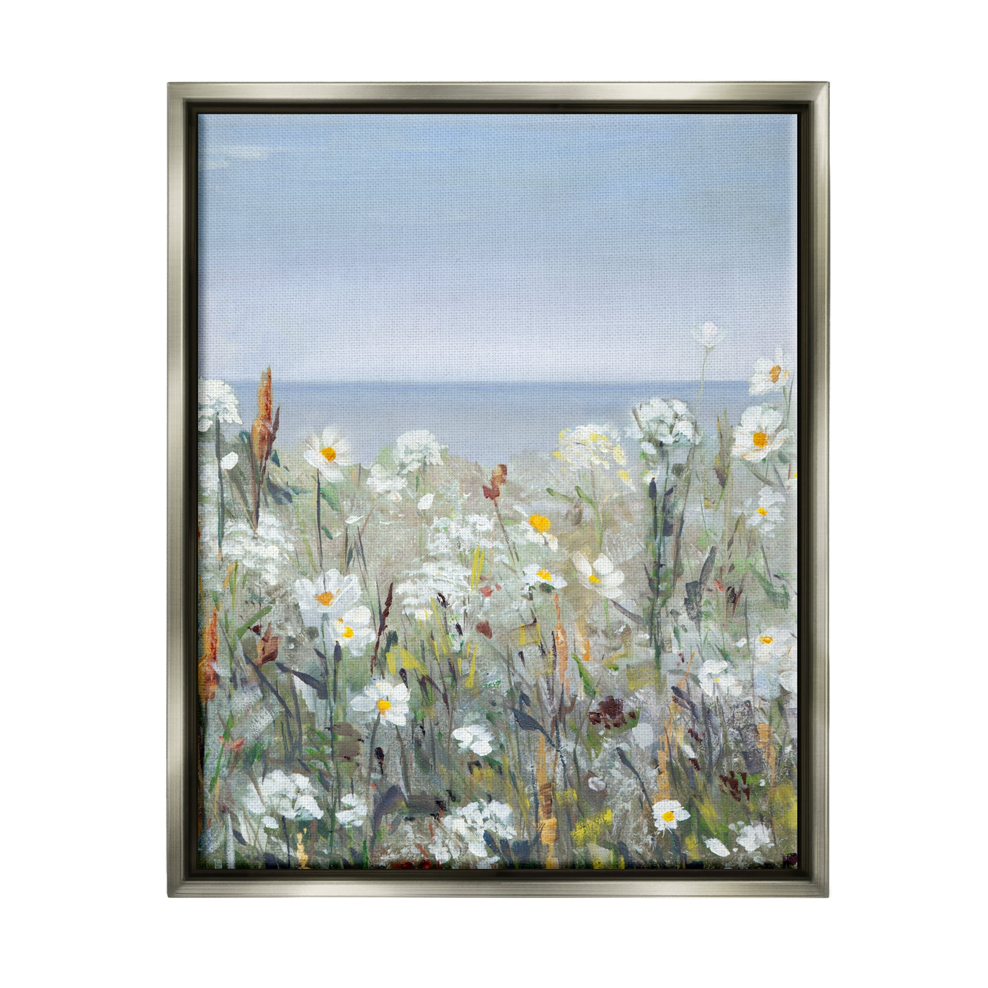 Stupell Industries Pleasant Summer Flower Field Distant Beach Shore Painting Luster Gray Floating Framed Canvas Print Wall Art, Design by Sally Swatland