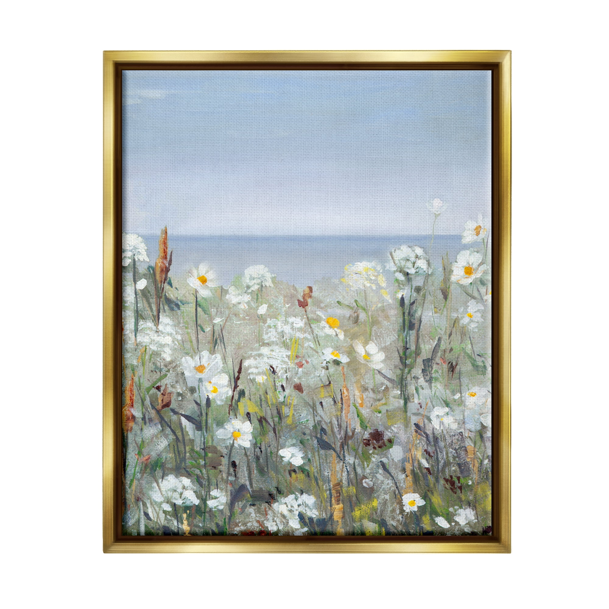 Stupell Industries Pleasant Summer Flower Field Distant Beach Shore Painting Metallic Gold Floating Framed Canvas Print Wall Art, Design by Sally Swatland
