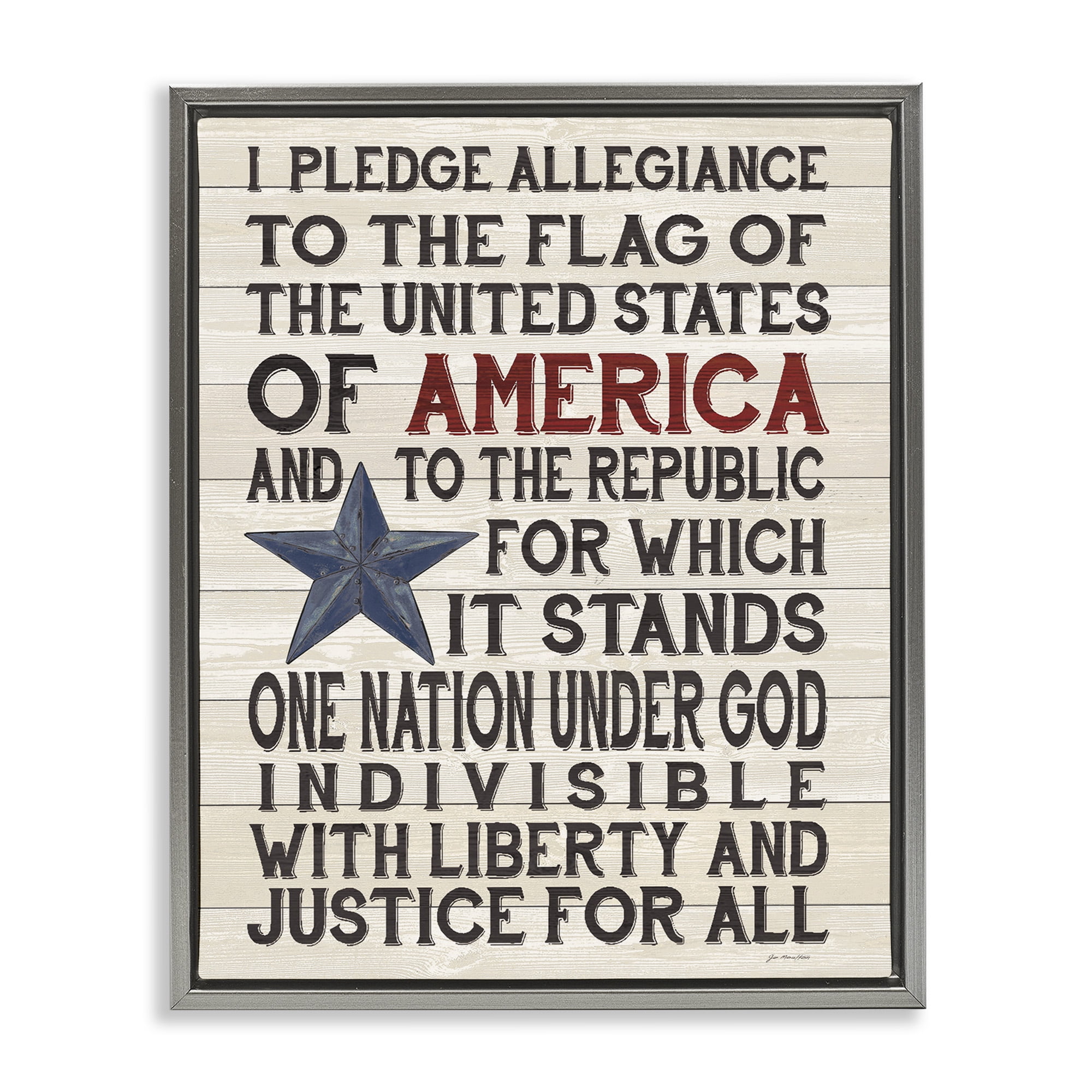 Stupell Industries Pledge of Allegiance Stars and Stripes Americana Rustic Wood Look Sign Luster Gray Framed Floating Canvas Wall Art, 16x20, by Jo Moulton