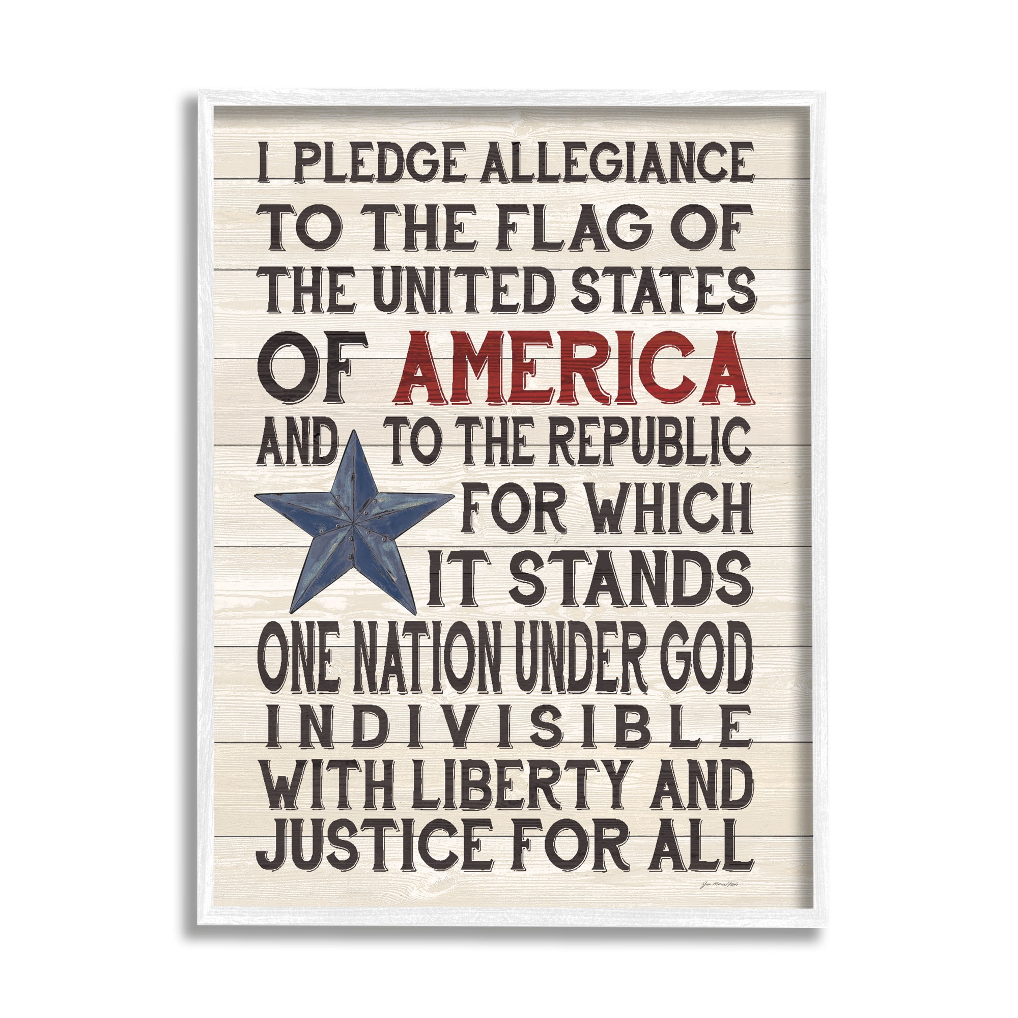 Stupell Industries Pledge of Allegiance Stars and Stripes Americana Rustic Wood Look Sign Graphic Art Framed Art Print Wall Art, 11x14, By Jo Moulton