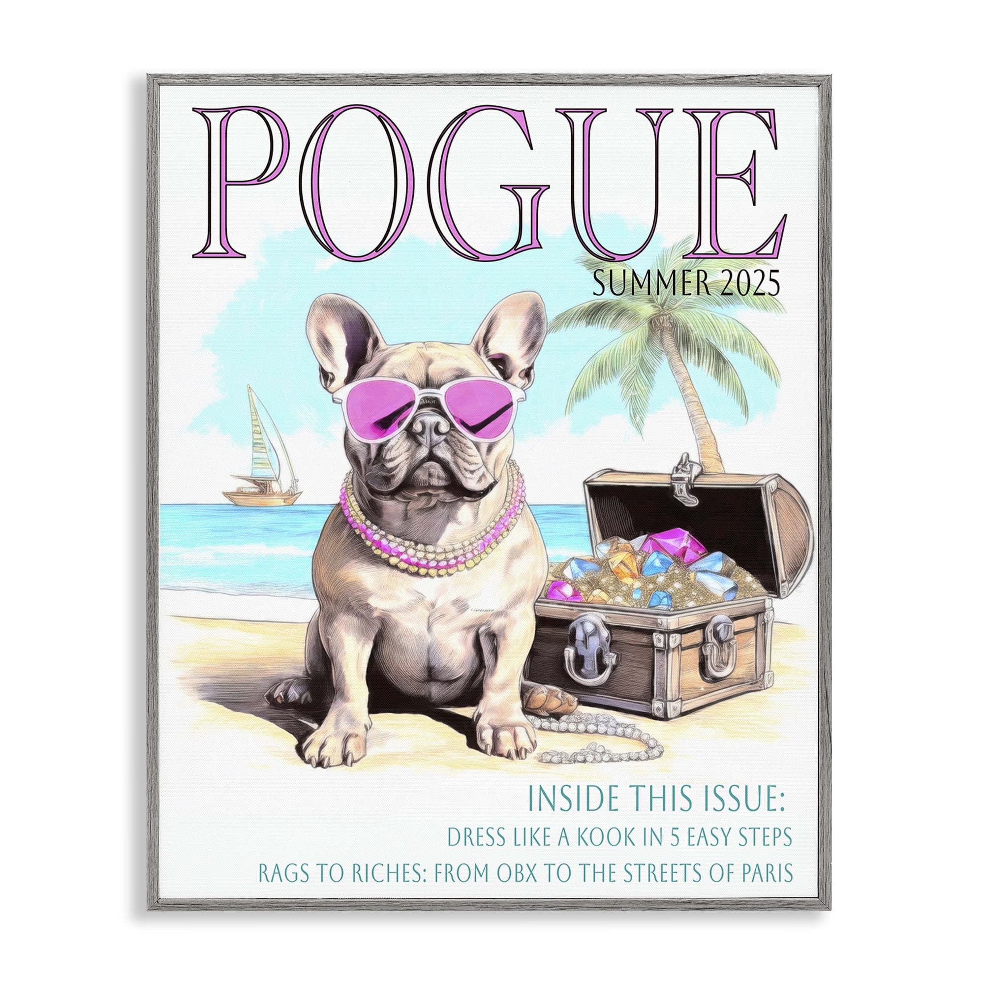Stupell Industries Pogue Summer Dog Fashion Gray Framed Giclee Art, design by Grotto Studios