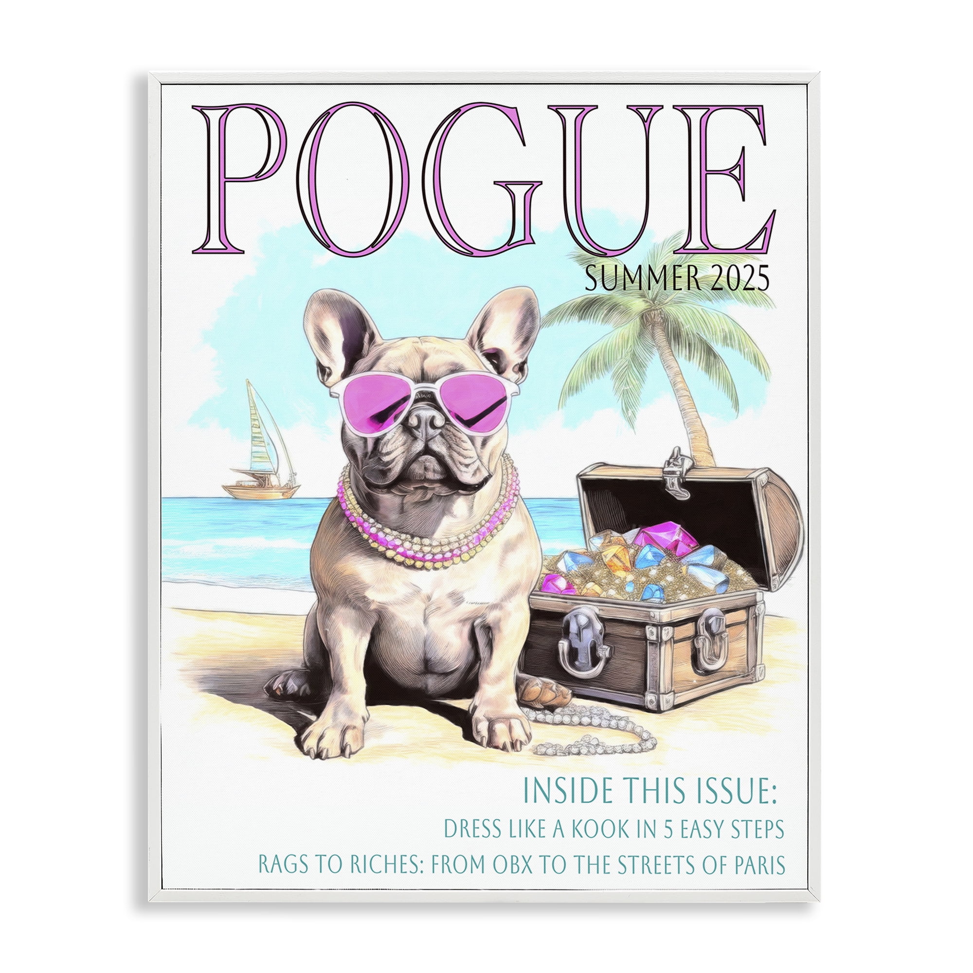 Stupell Industries Pogue Summer Dog Fashion White Framed Giclee Art, design by Grotto Studios