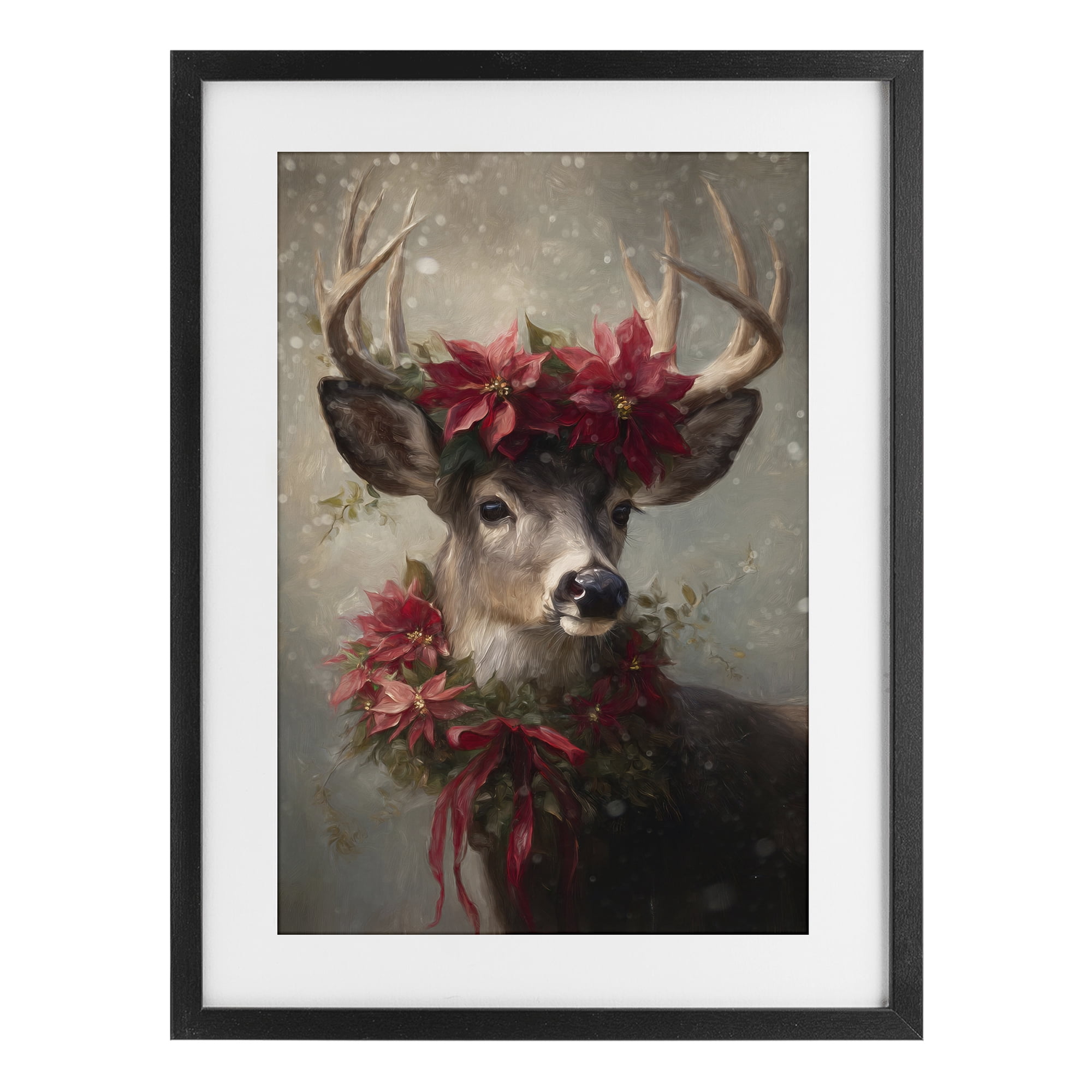 Stupell Industries Poinsettia Christmas Deer Black Framed Print Under Glass, design by Tina LeCour