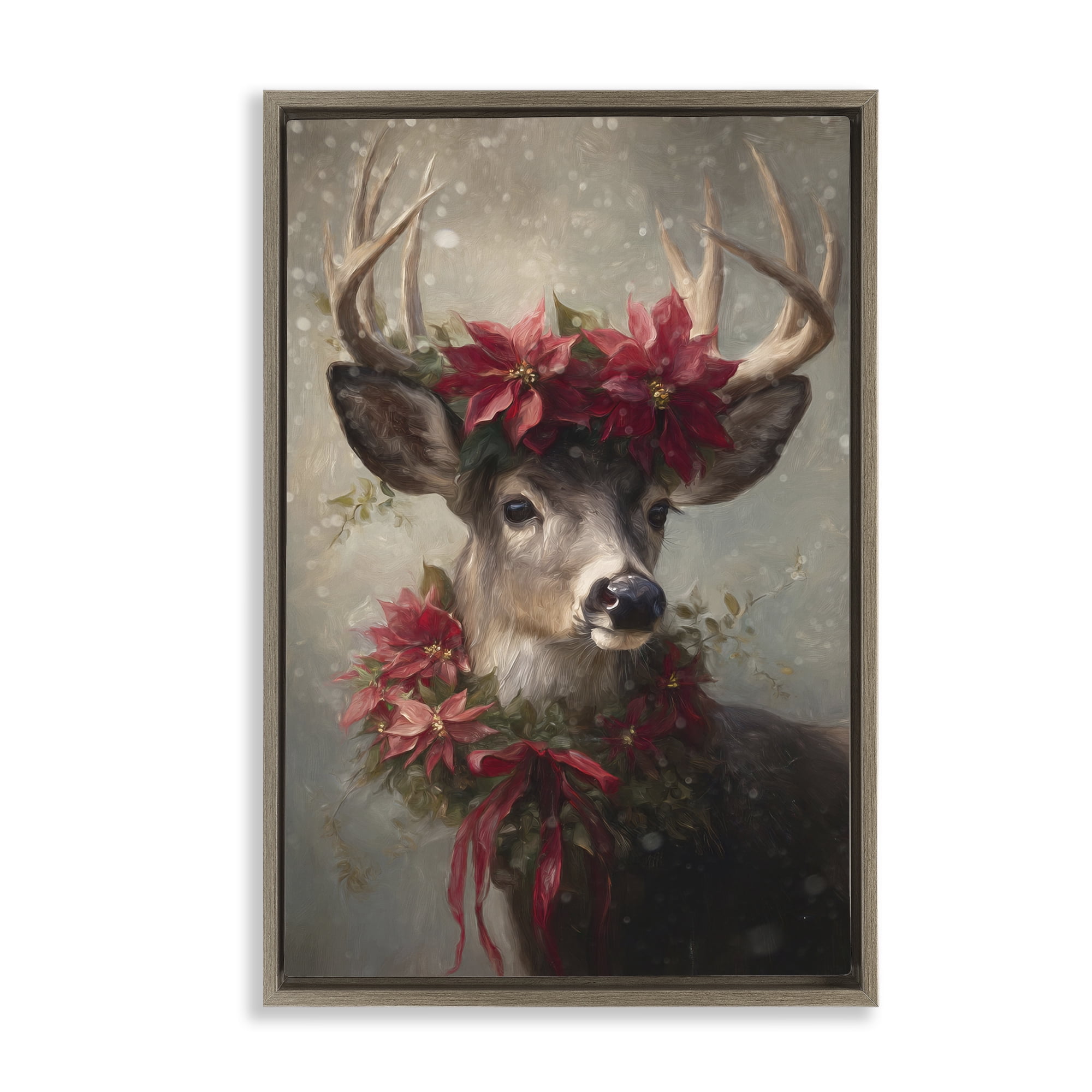 Stupell Industries Poinsettia Christmas Deer Brown Framed Floater Canvas Wall Art, design by Tina LeCour