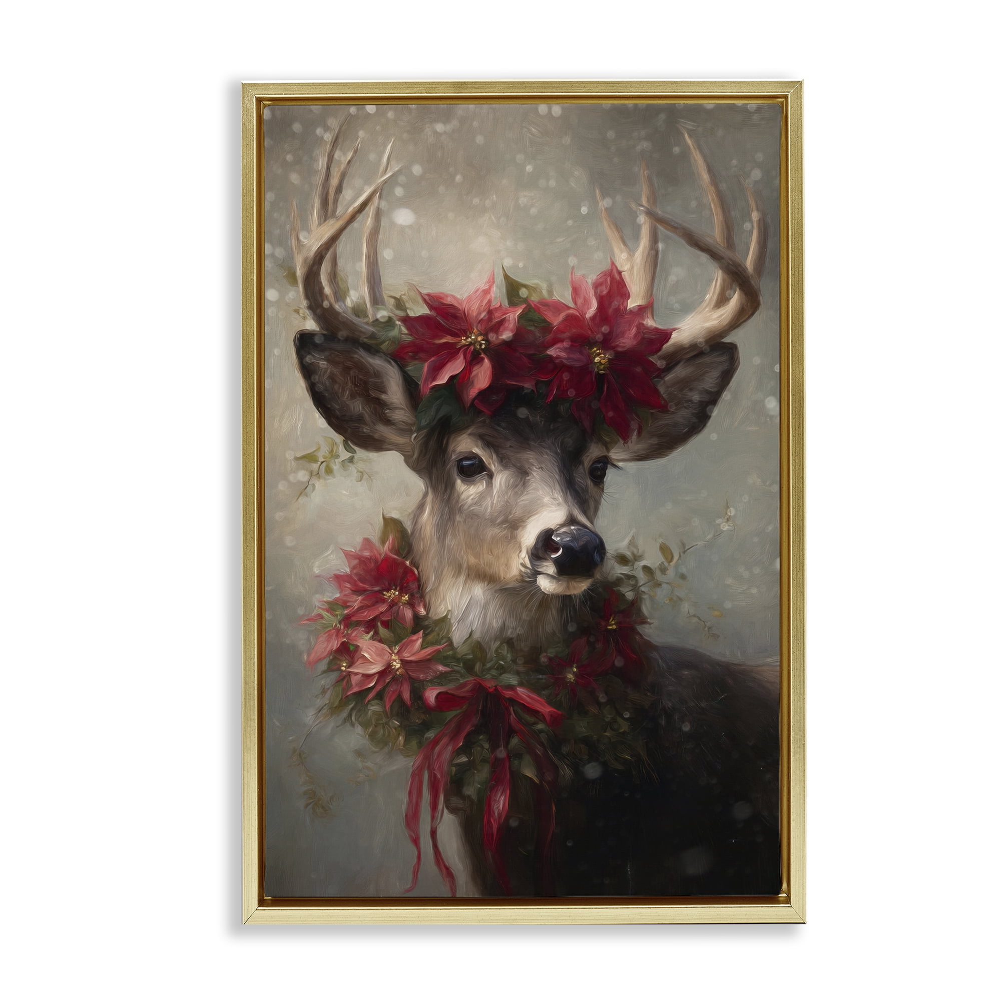 Stupell Industries Poinsettia Christmas Deer Gold Framed Floater Canvas Wall Art, design by Tina LeCour